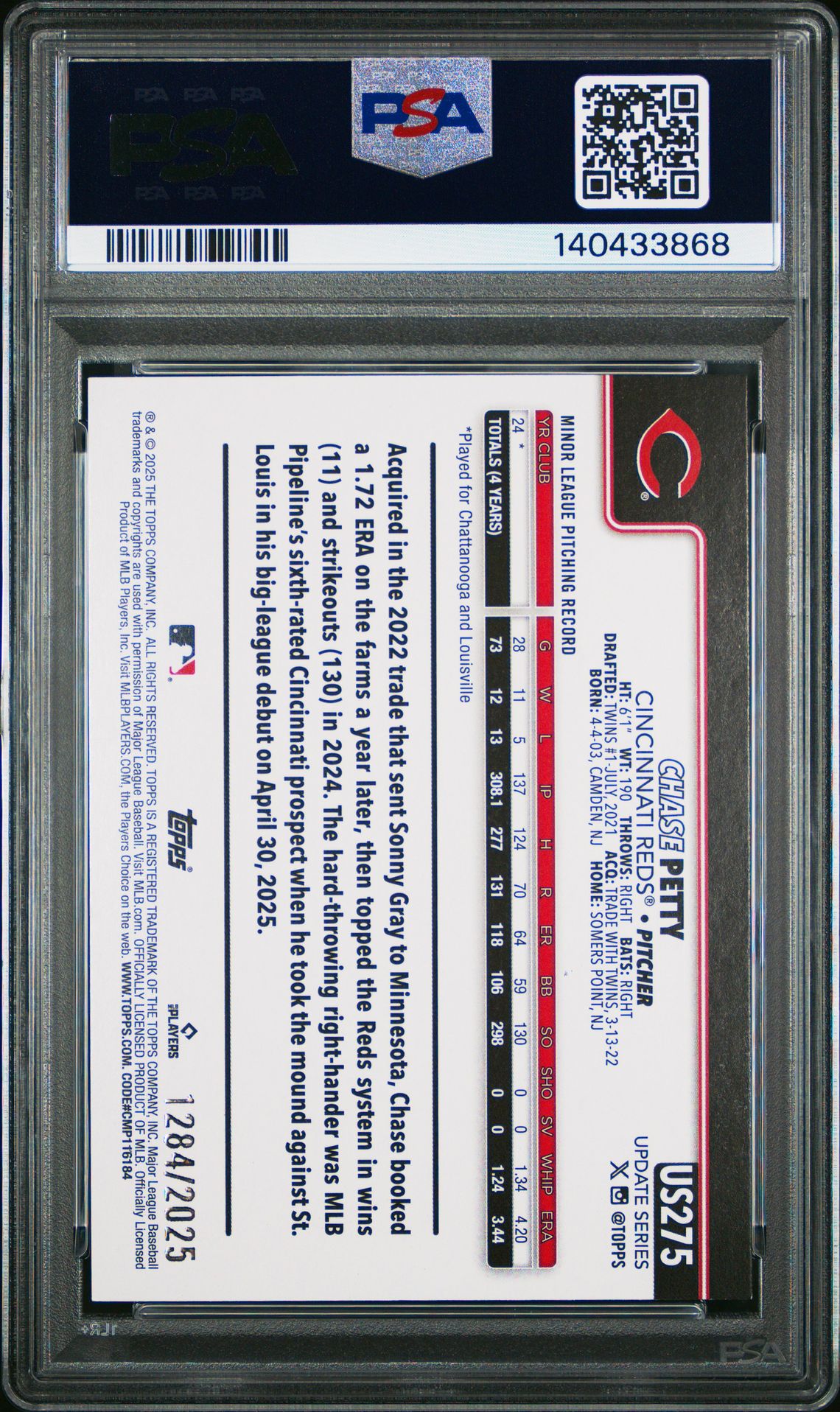 2025 Topps Update Chase Petty #275 (Gold) Mint 9 back