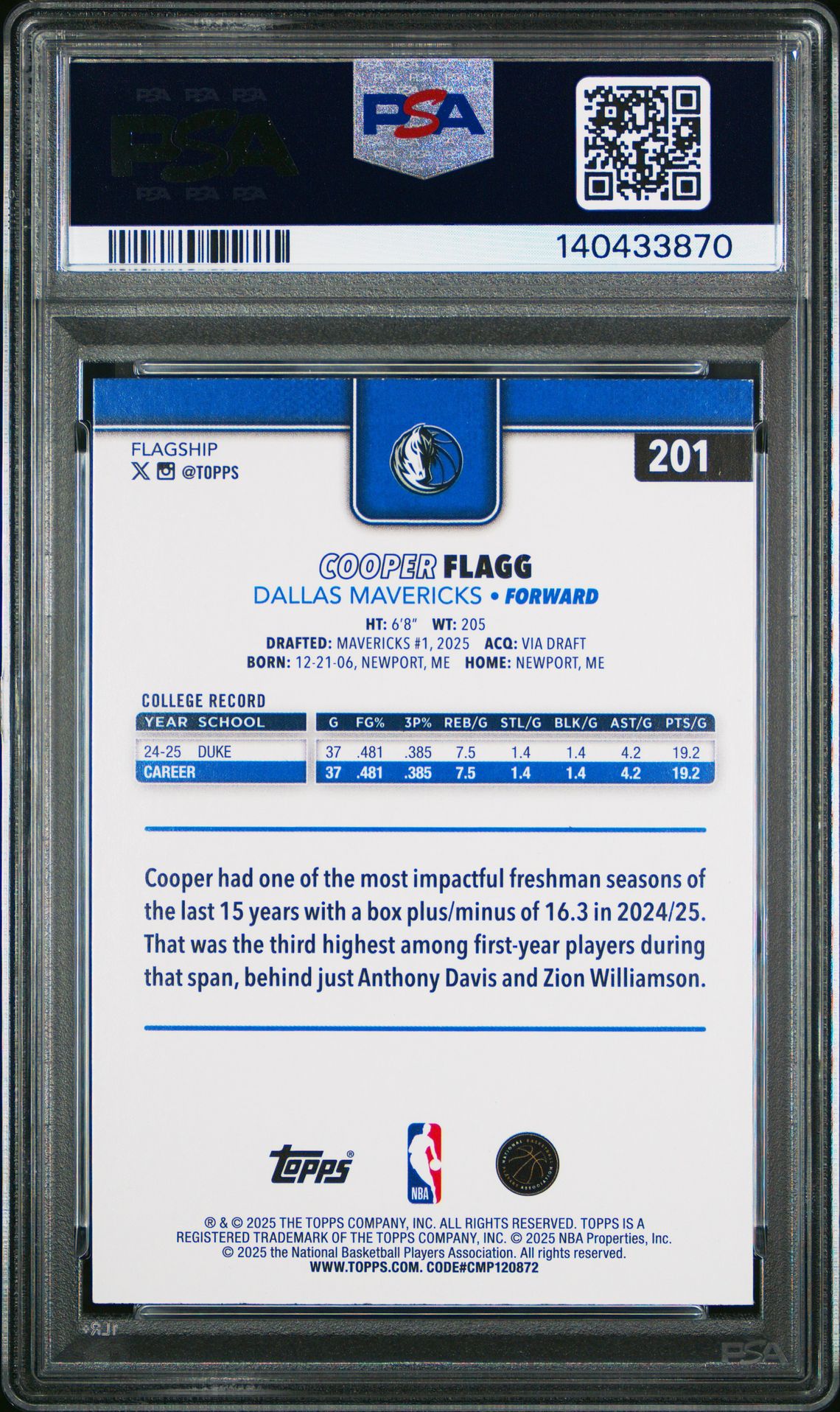 2025 Topps Cooper Flagg #201 (Diamante) Mint 9 back