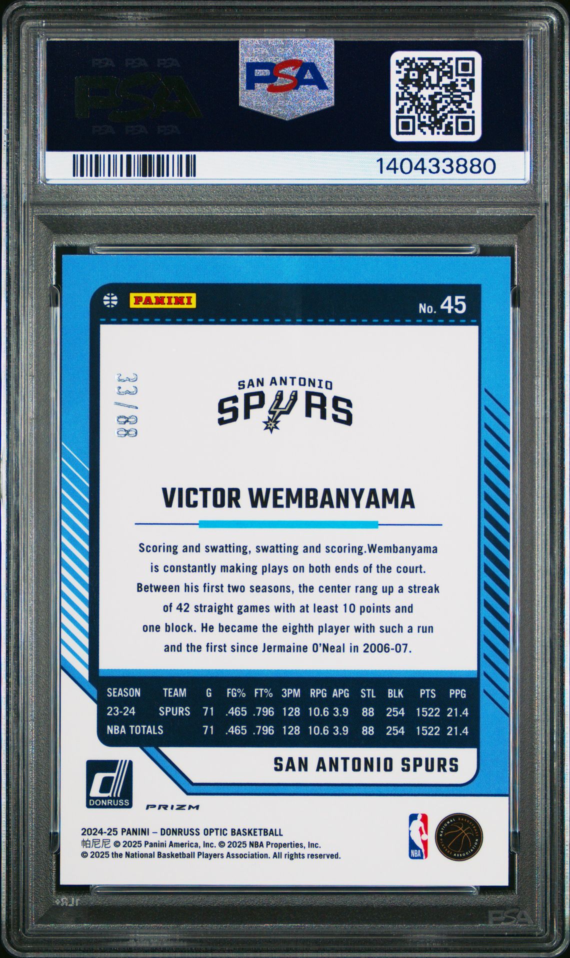 2024 Panini Donruss Optic Victor Wembanyama #45 (Red Choice) Gem Mt 10 back