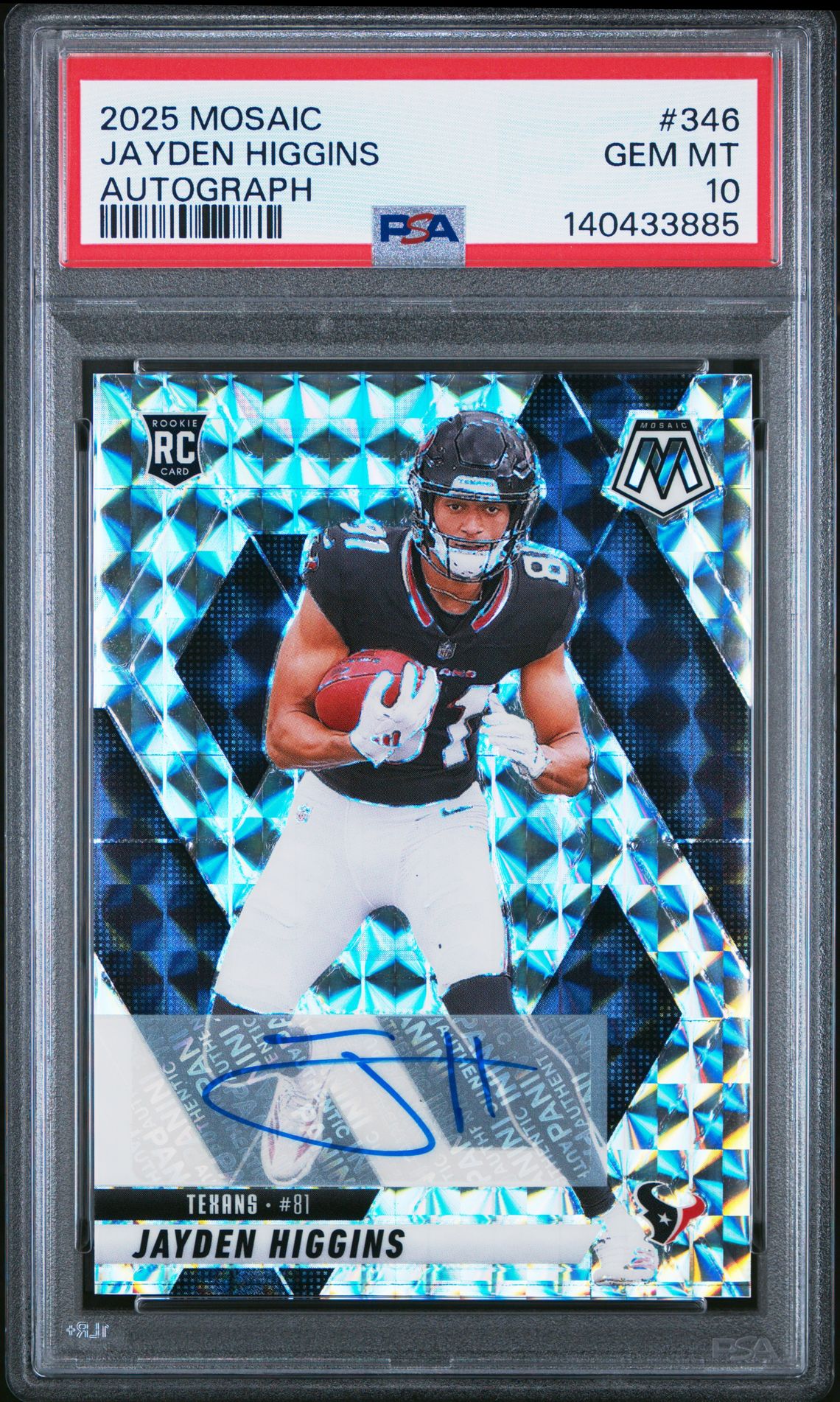 2025 Panini Mosaic Jayden Higgins #346 (Autograph) Gem Mt 10 front view - PSA graded GEM MT 10