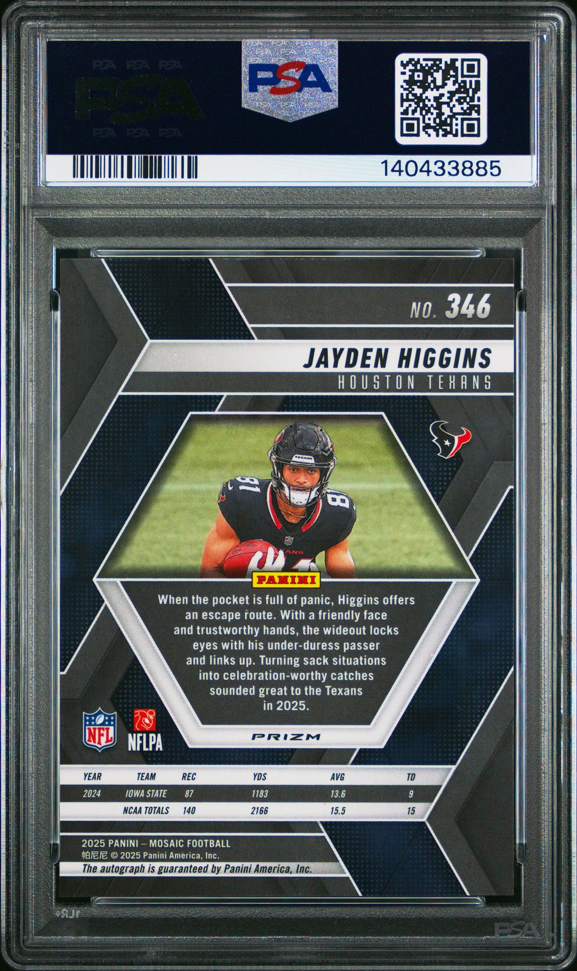 2025 Panini Mosaic Jayden Higgins #346 (Autograph) Gem Mt 10 back view - PSA certificate #140433885