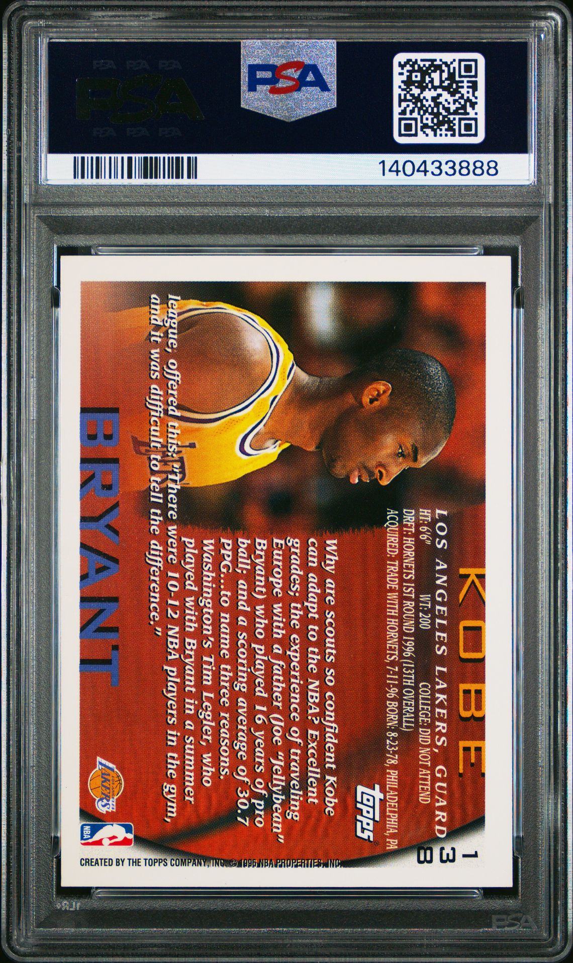 1996 Topps Kobe Bryant #138 Mint 9 back