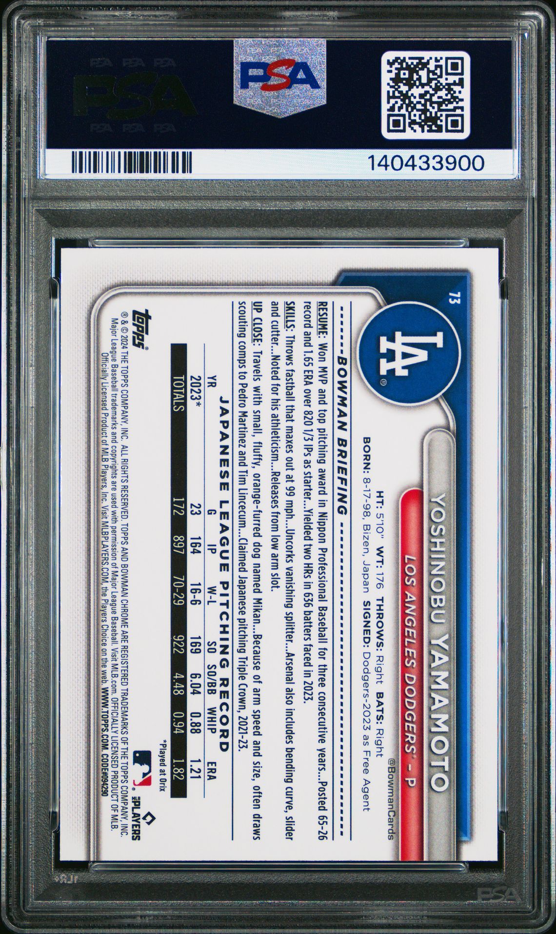 2024 Bowman Chrome Mega Box Yoshinobu Yamamoto #73 Mint 9 back