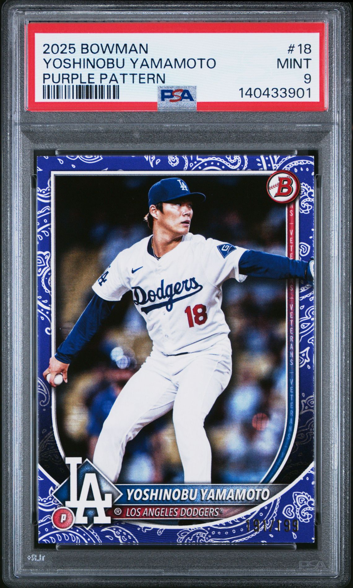 2025 Bowman Yoshinobu Yamamoto #18 (Purple Pattern) Mint 9 front