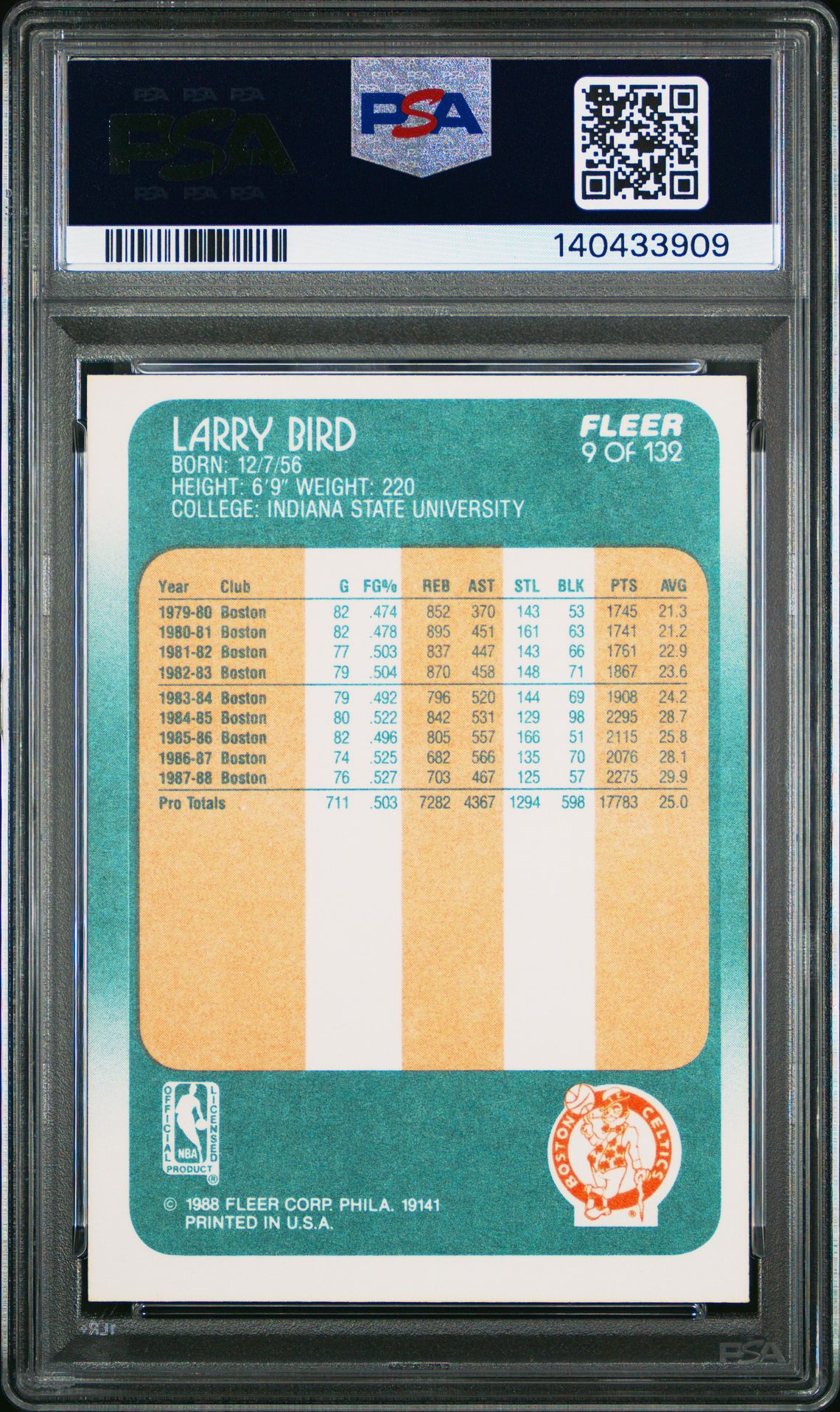 1988 Fleer Larry Bird #9 Ex-Mt 6 back