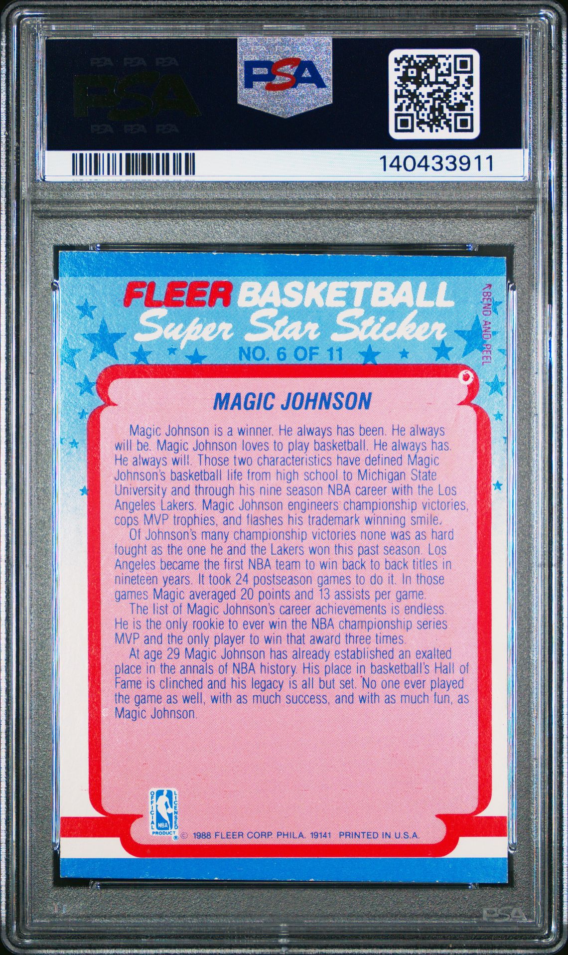1988 Fleer Sticker Magic Johnson #6 Vg-Ex 4 back