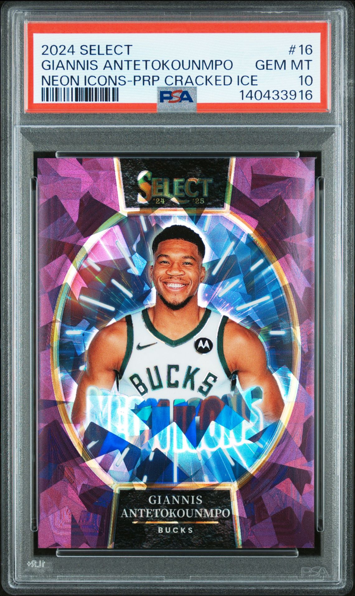 2024 Panini Select Neon Icons Giannis Antetokounmpo #16 (Neon Icons-Prp Cracked Ice) Gem Mt 10 front