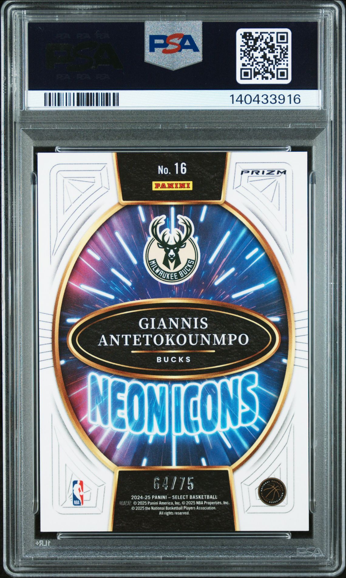 2024 Panini Select Neon Icons Giannis Antetokounmpo #16 (Neon Icons-Prp Cracked Ice) Gem Mt 10 back