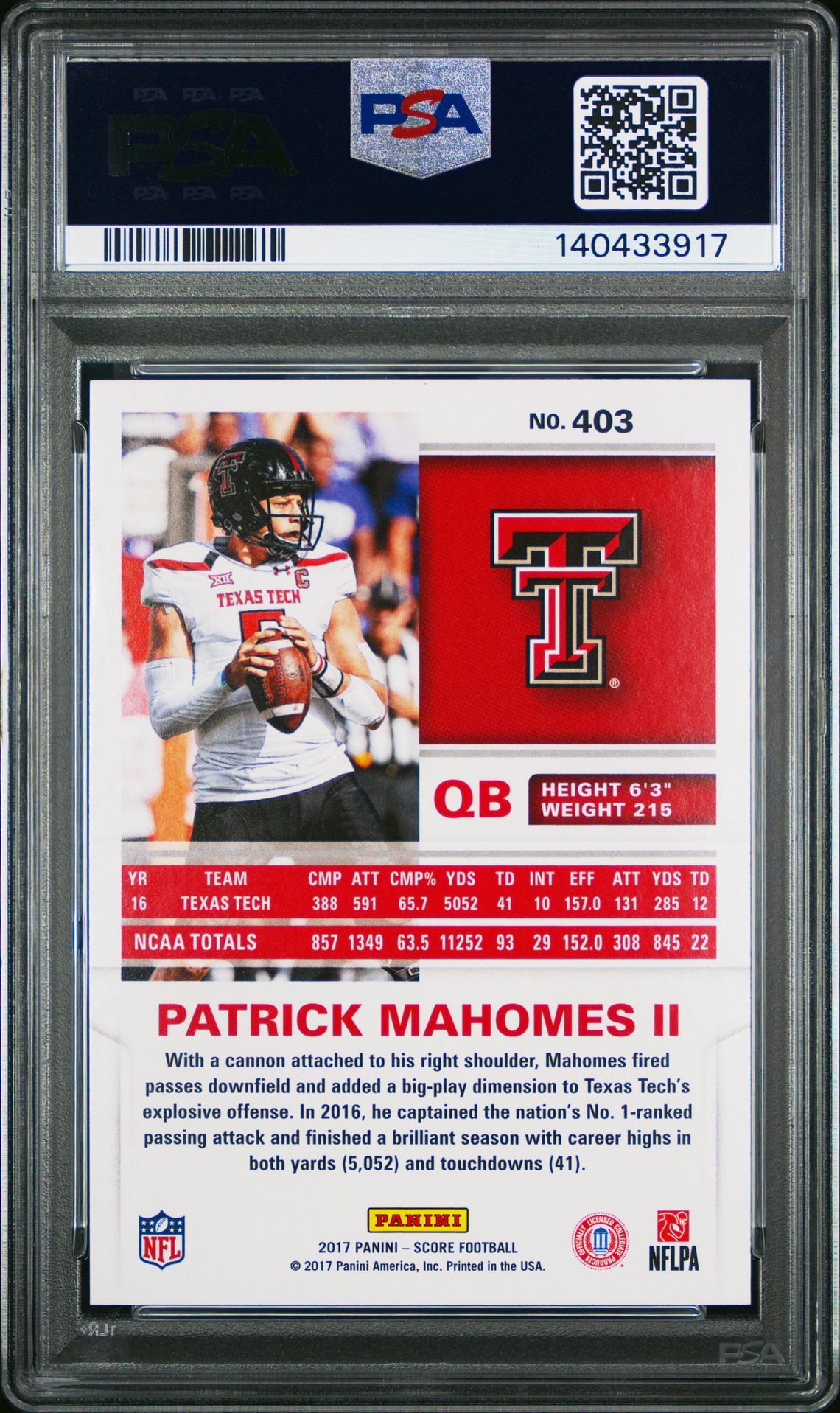 2017 Panini Score Patrick Mahomes Ii #403 Gem Mt 10 back