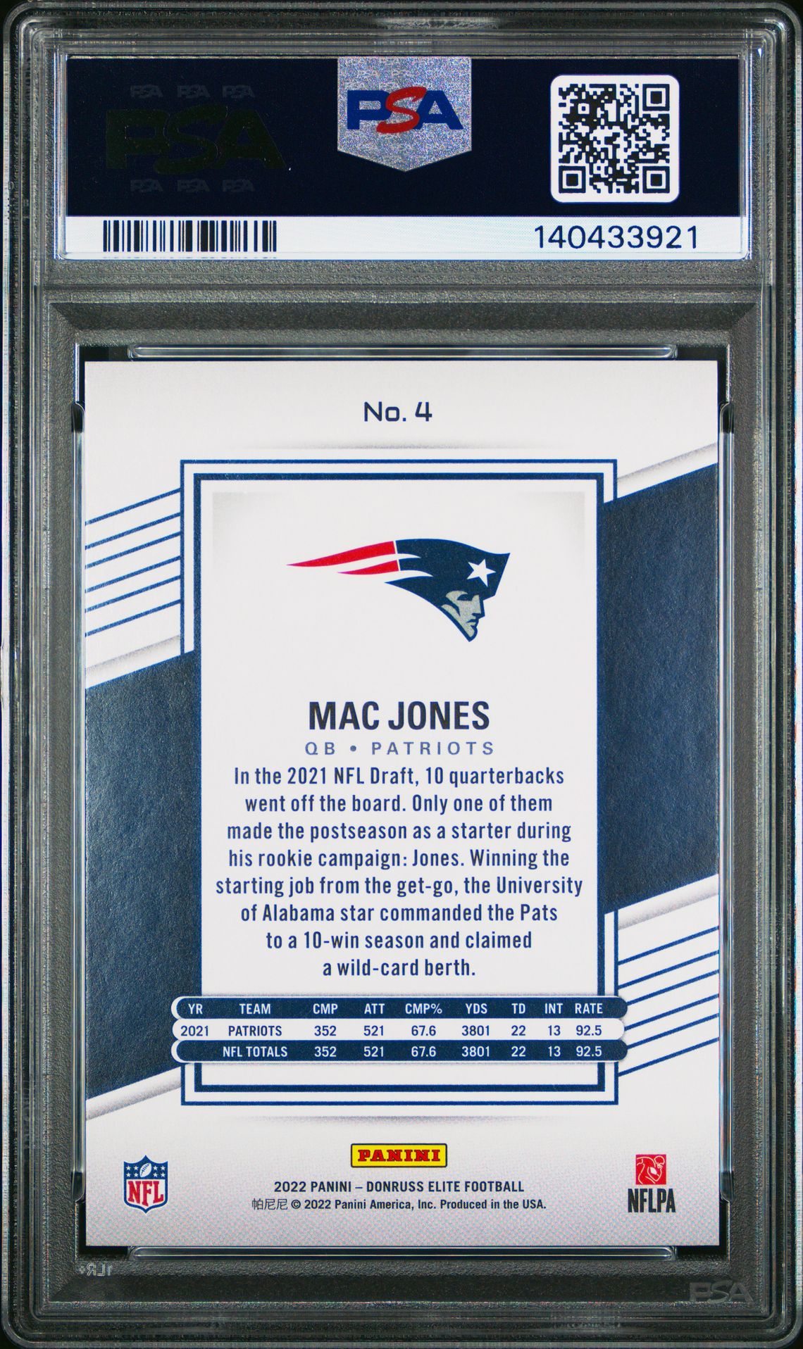 2022 Panini Donruss Elite Mac Jones #4 (Aspirations Stars) Gem Mt 10 back