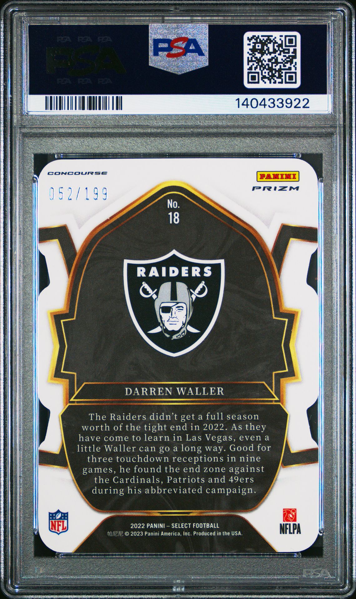 2022 Panini Select Darren Waller #18 (Die-Cut Orange Prizm) Mint 9 back