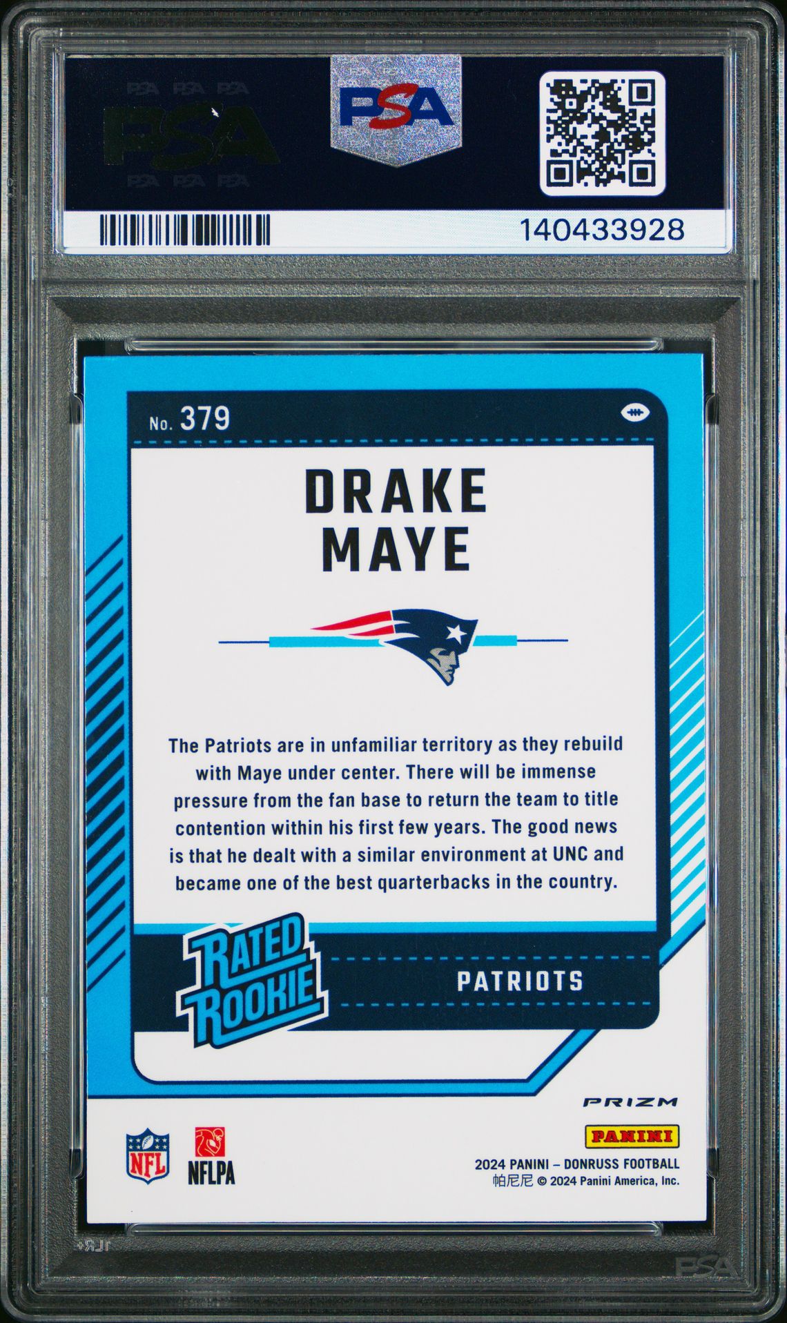 2024 Panini Donruss Drake Maye #379 (Optic Preview-Blue Scope) Mint 9 back