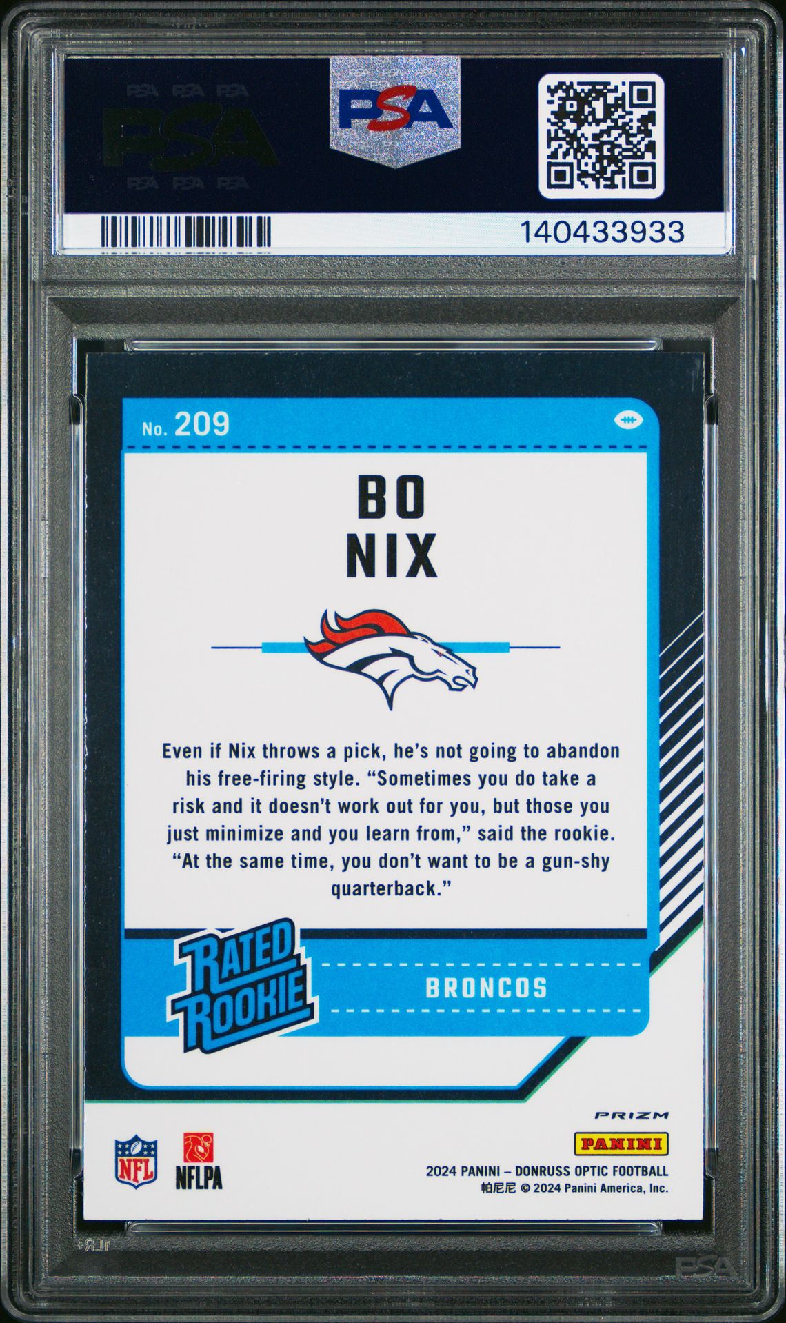 2024 Panini Donruss Optic Bo Nix #209 (Purple Scope) Gem Mt 10 back