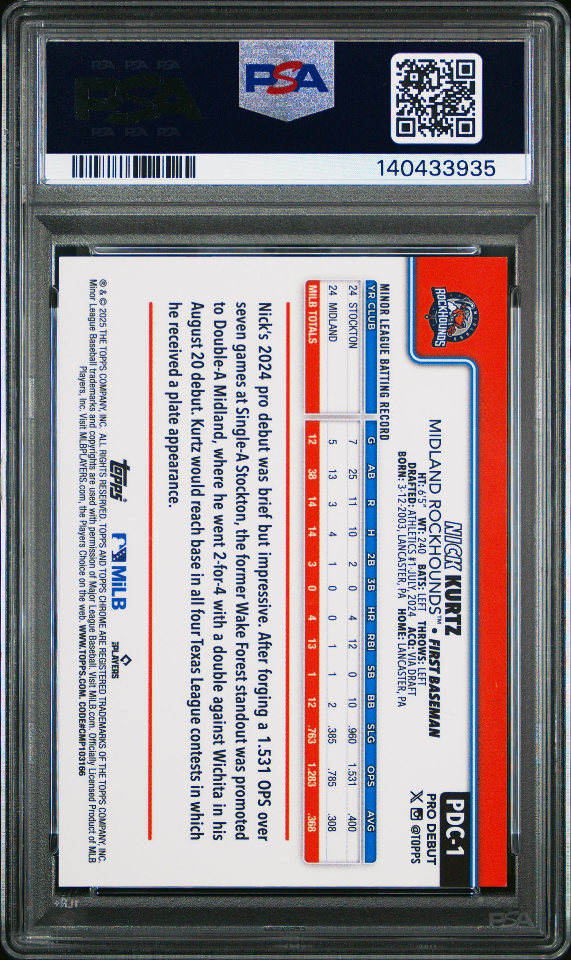 2025 Topps Pro Debut Nick Kurtz #1 (Chr-Gold Mini Diamond Ref) Gem Mt 10 back