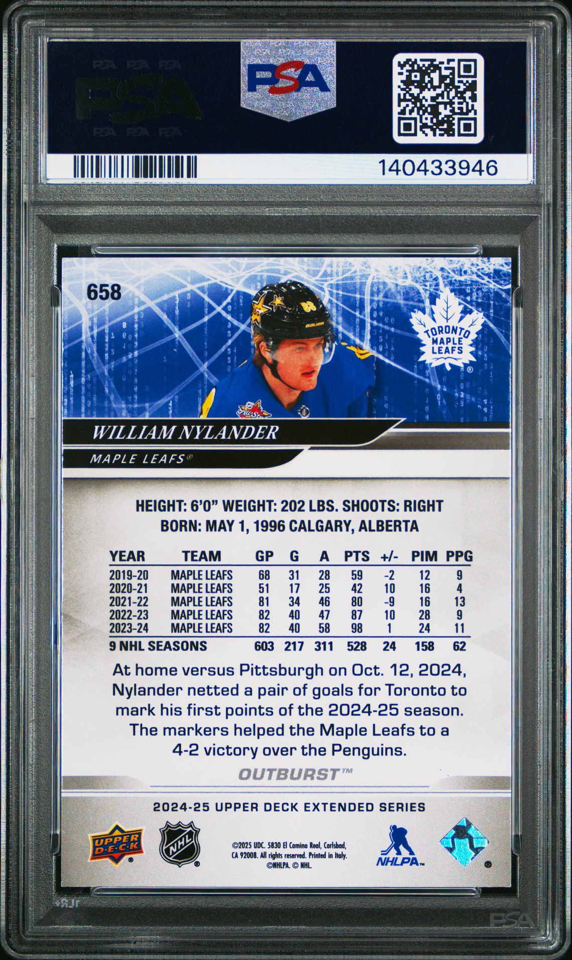 2024 Upper Deck William Nylander #658 (Outburst Gold 1/1) Mint 9 back