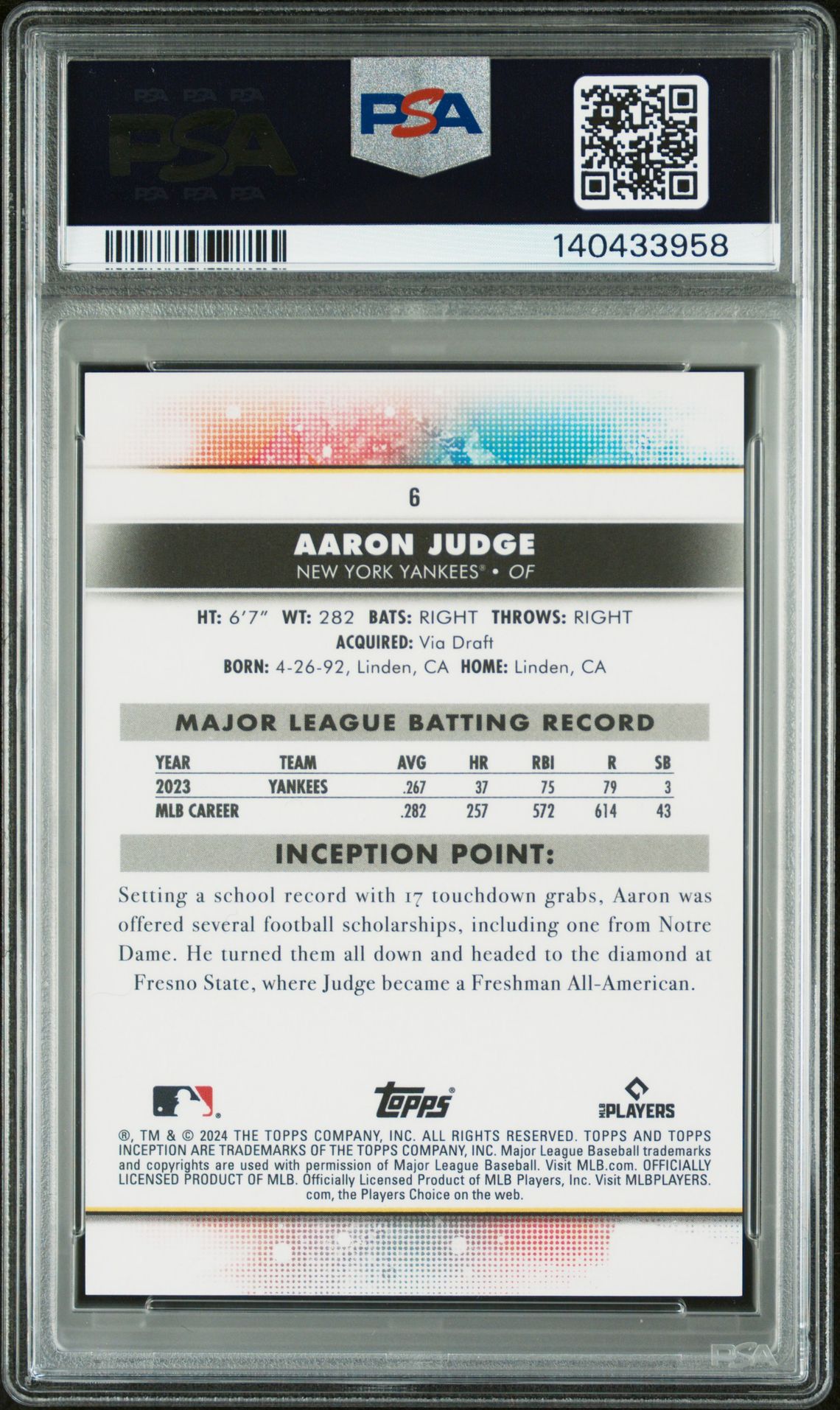 2024 Topps Inception Aaron Judge #6 Gem Mt 10 back