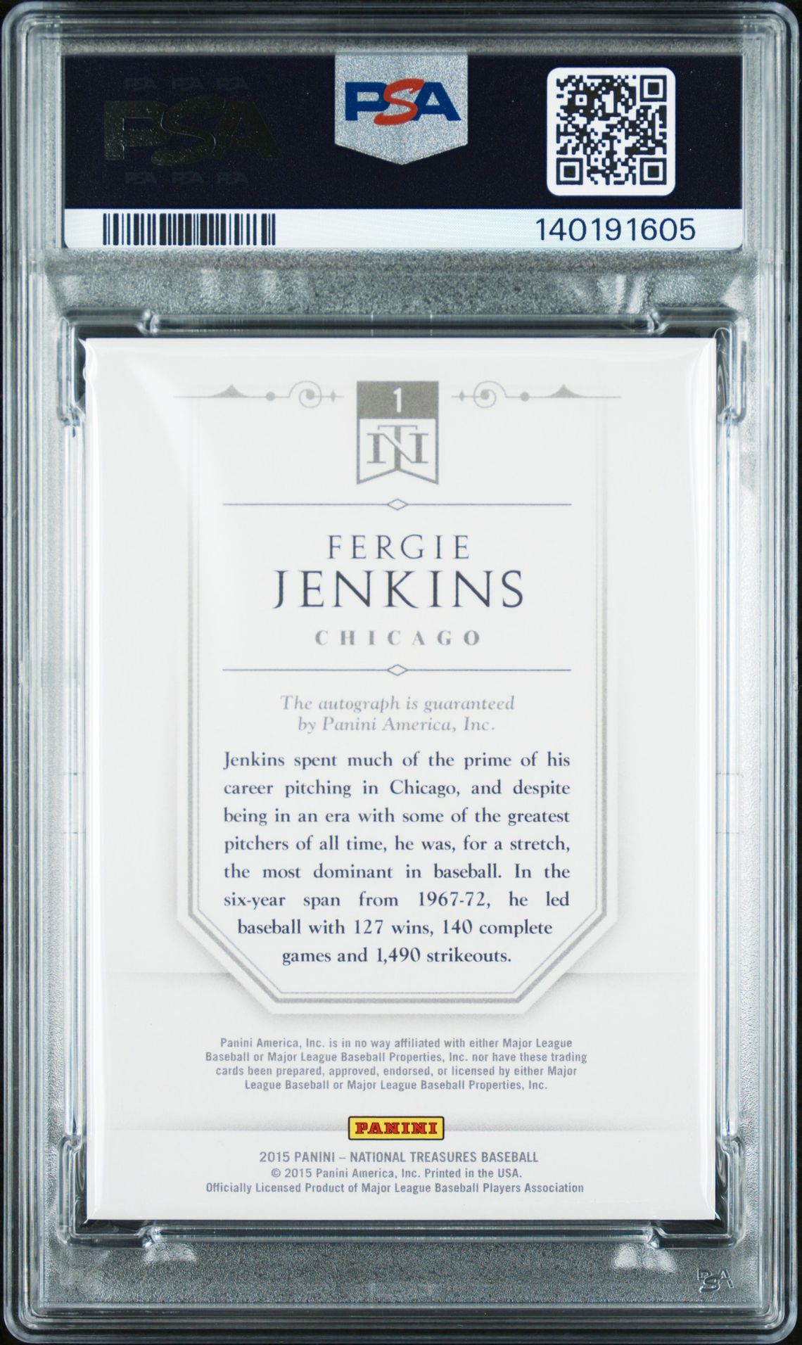 2015 Panini National Treasures Leather & Lumber Signatures Fergie Jenkins #1 (L & L Signatures-Lumber) Vg-Ex 4 back