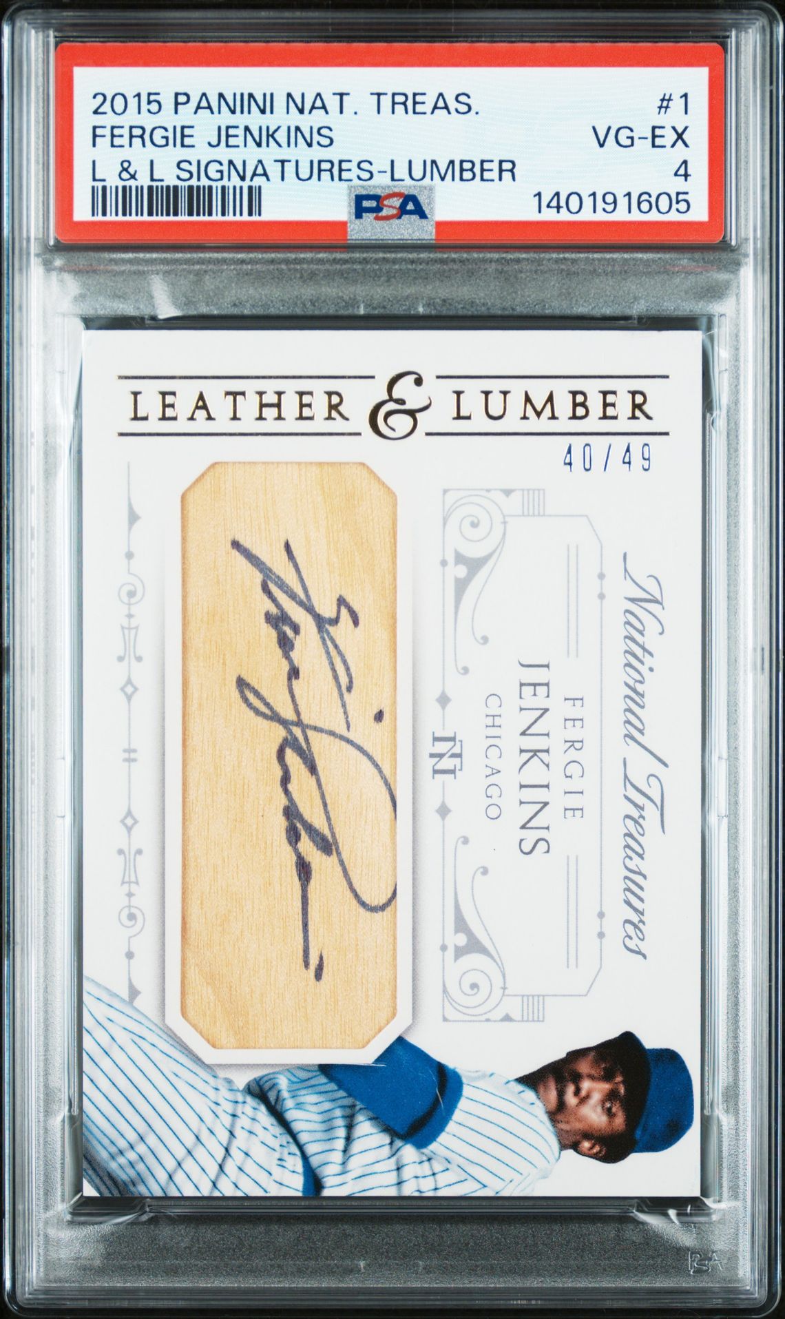 2015 Panini National Treasures Leather & Lumber Signatures Fergie Jenkins #1 (L & L Signatures-Lumber) Vg-Ex 4 front