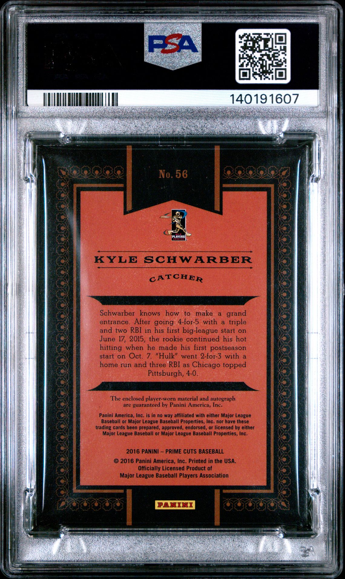 2016 Panini Prime Cuts Kyle Schwarber #56 (Autograph-Triple Mem.) Nm-Mt 8 back