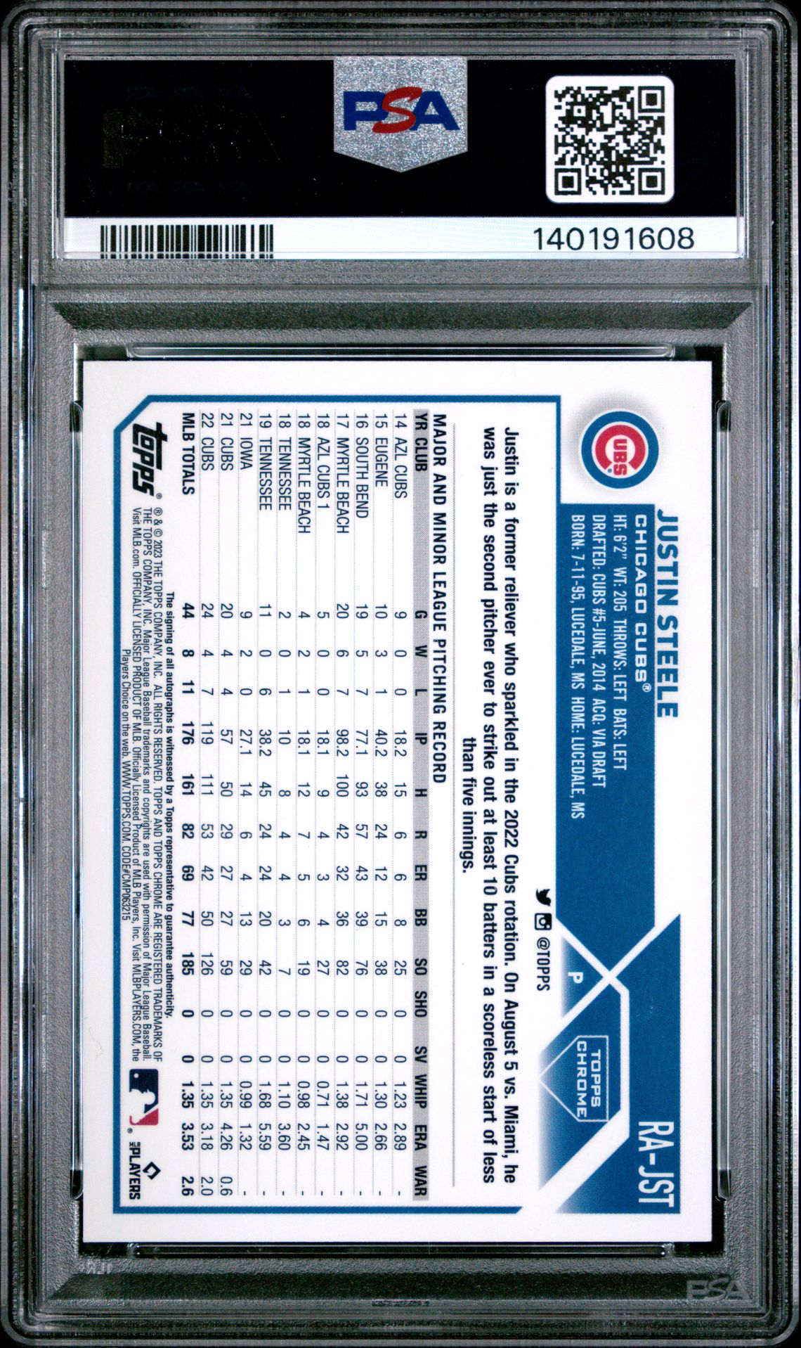 2023 Topps Chrome Rookie Autograph Justin Steele #Rajst Gem Mt 10 back