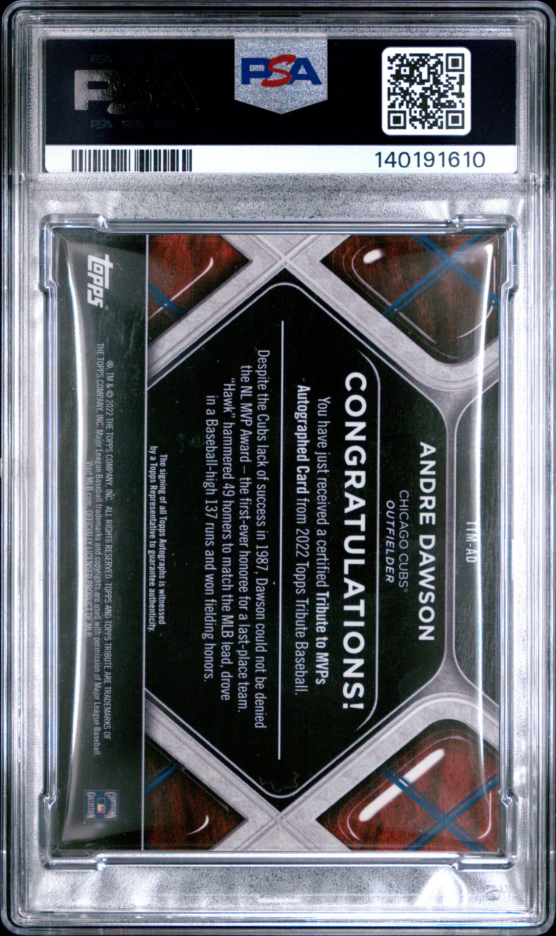 2022 Topps Tribute Tribute To Mvps Autographs Andre Dawson #Ttmad (Tribute To Mvps Auto.) Mint 9 back