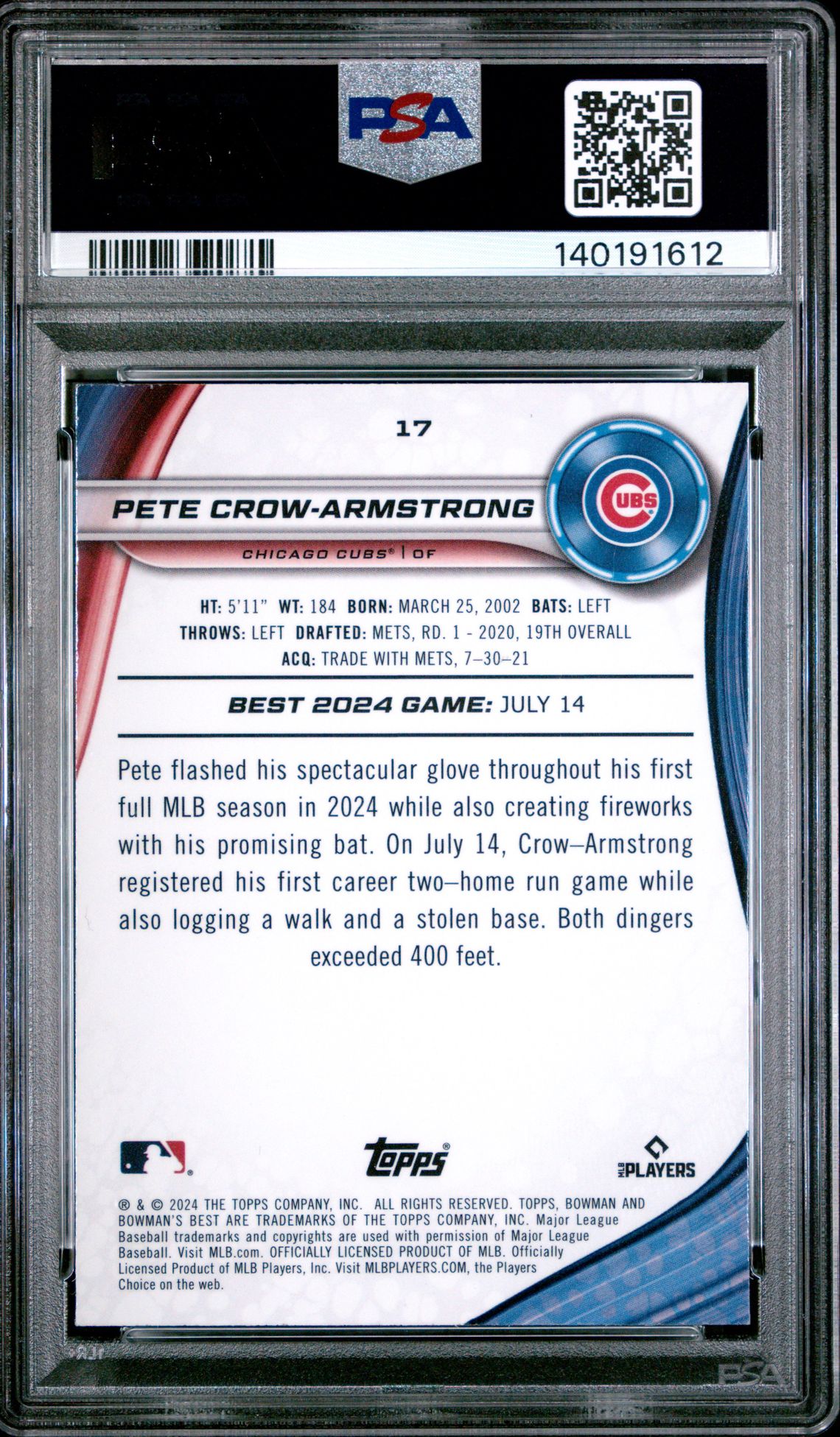 2024 Bowman's Best Pete Crow-Armstrong #17 Gem Mt 10 back