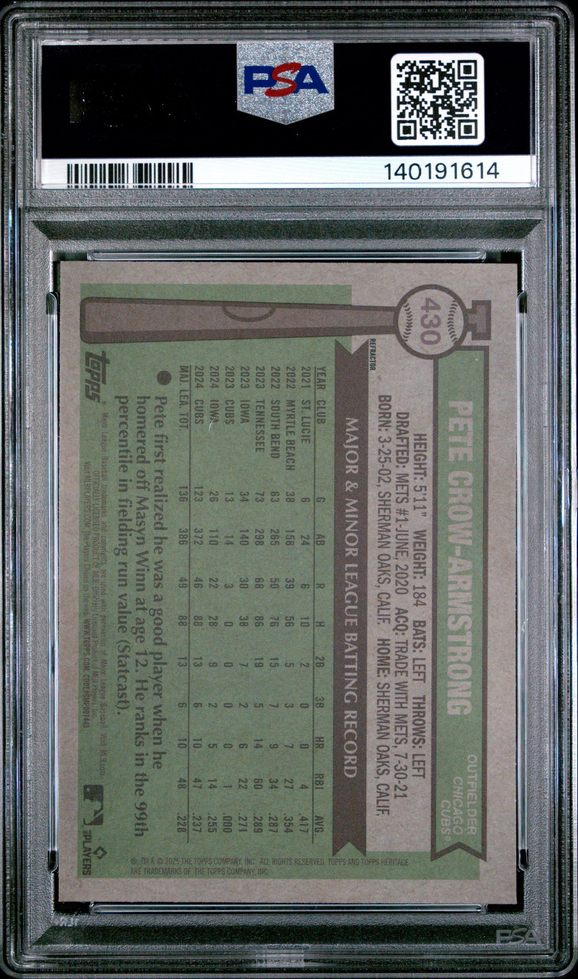 2025 Topps Heritage Pete Crow-Armstrong #430 (Chrome-Refractor) Gem Mt 10 back