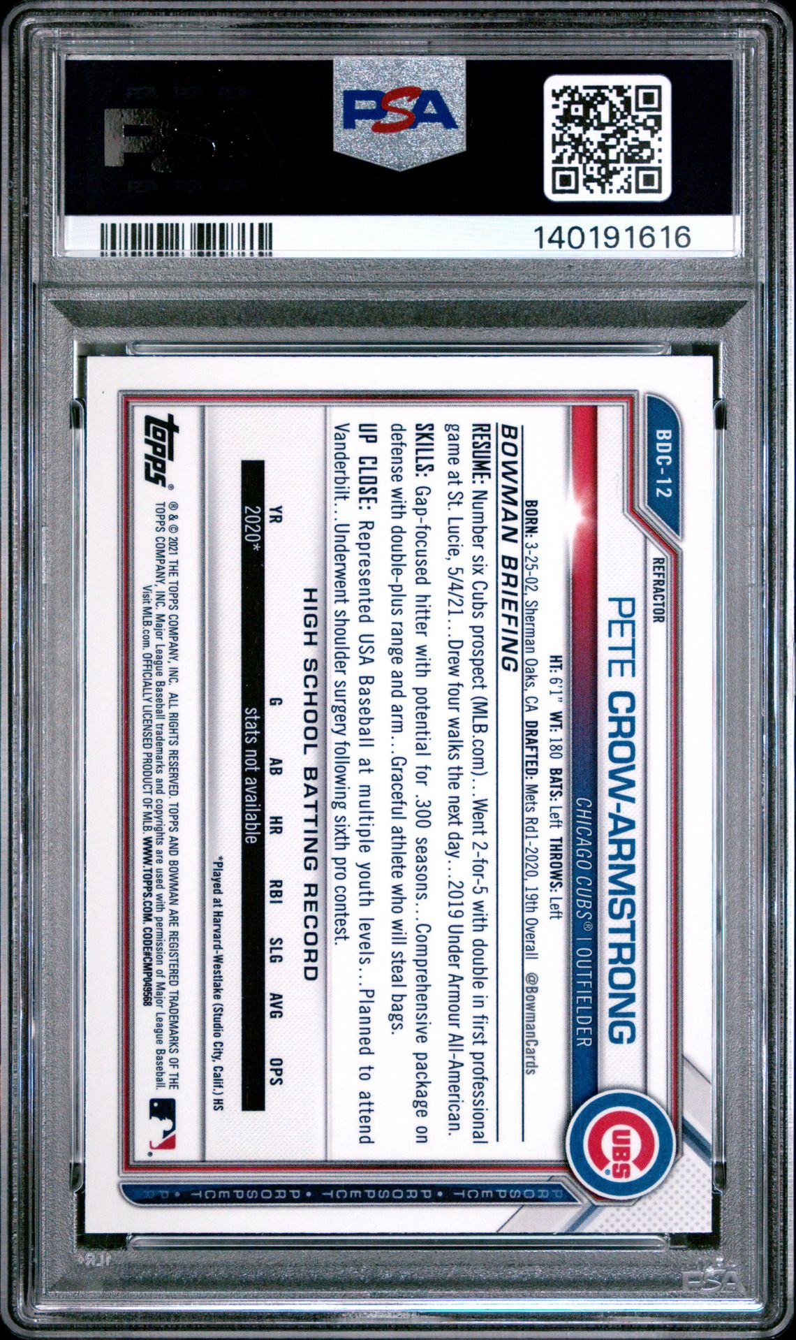 2021 Bowman Draft Pete Crow-Armstrong #Bdc12 (Chrome-Refractor) Gem Mt 10 back