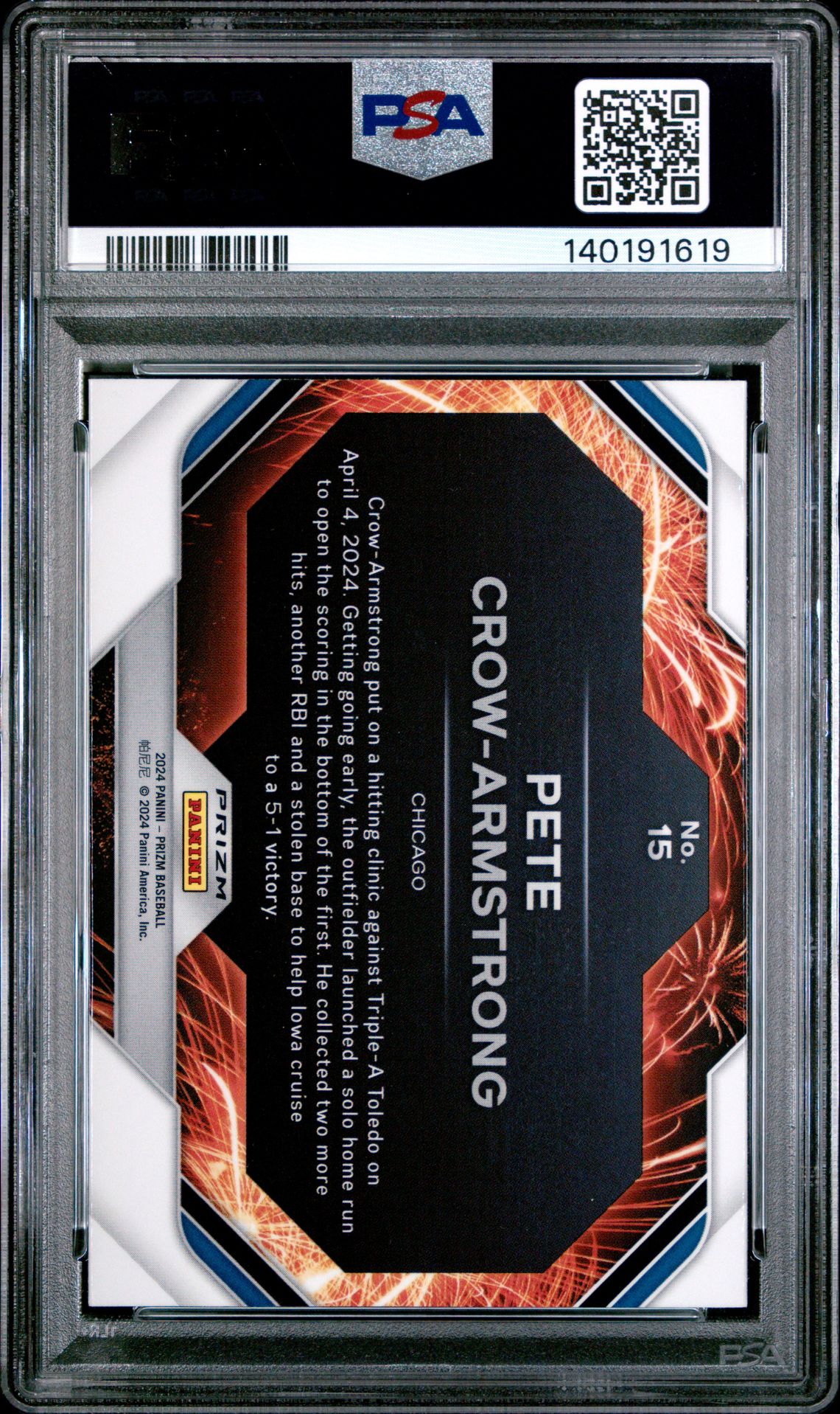 2024 Panini Prizm Fireworks Pete Crow-Armstrong #15 (Fireworks-Silver Prizm) Gem Mt 10 back
