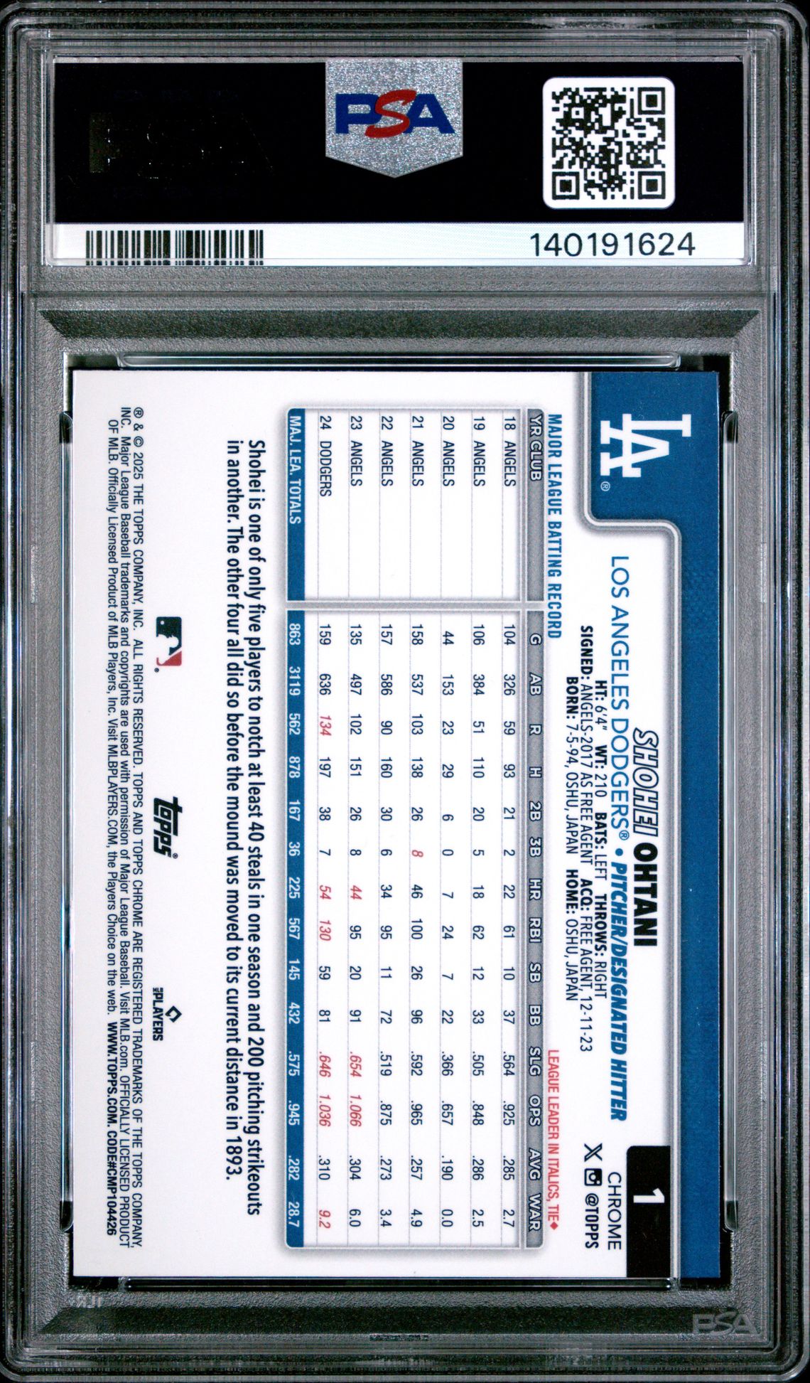 2025 Topps Chrome Shohei Ohtani #1 (X-Fractor) Gem Mt 10 back
