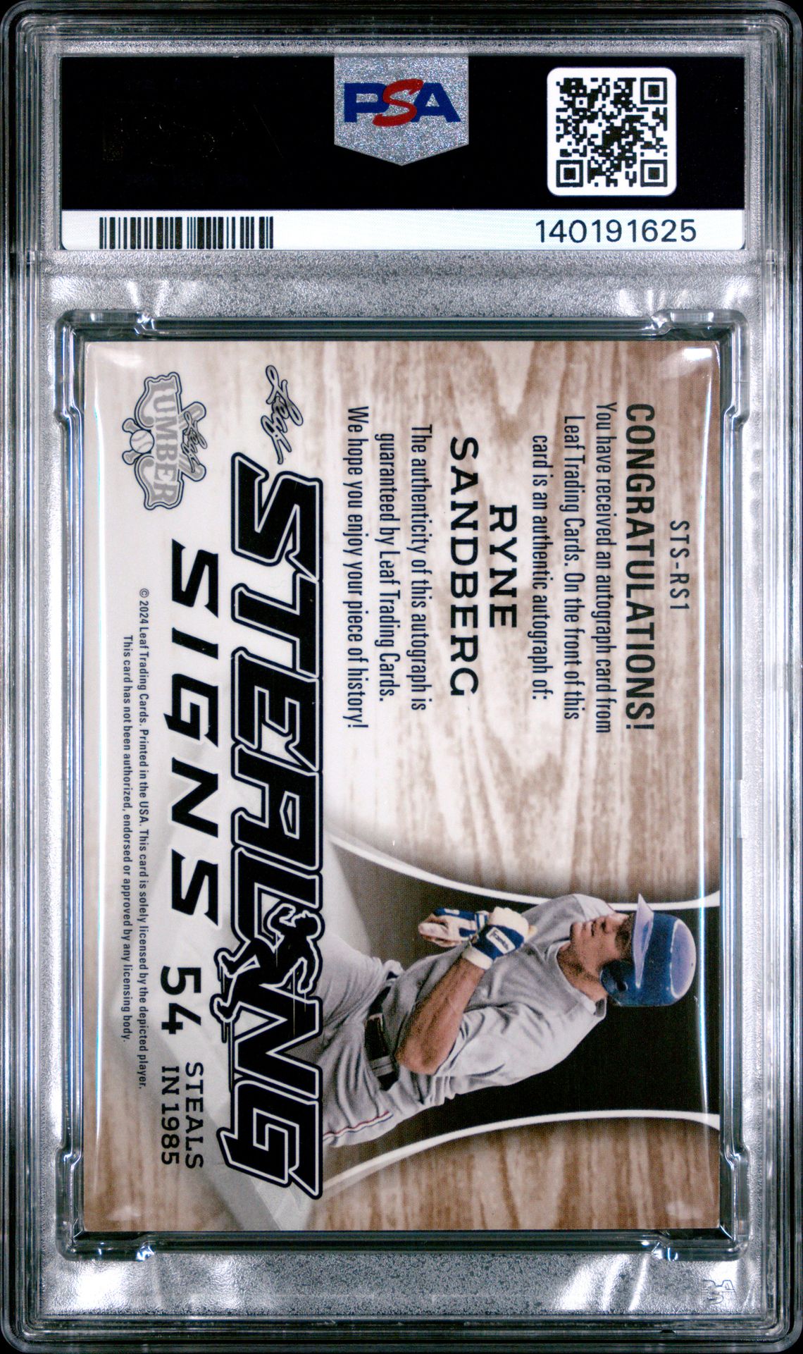 2024 Leaf Lumber Stealing Signs Autographs Ryne Sandberg #Stsrs1 (Stealing Signs Auto-Silver) Ex-Mt 6 back