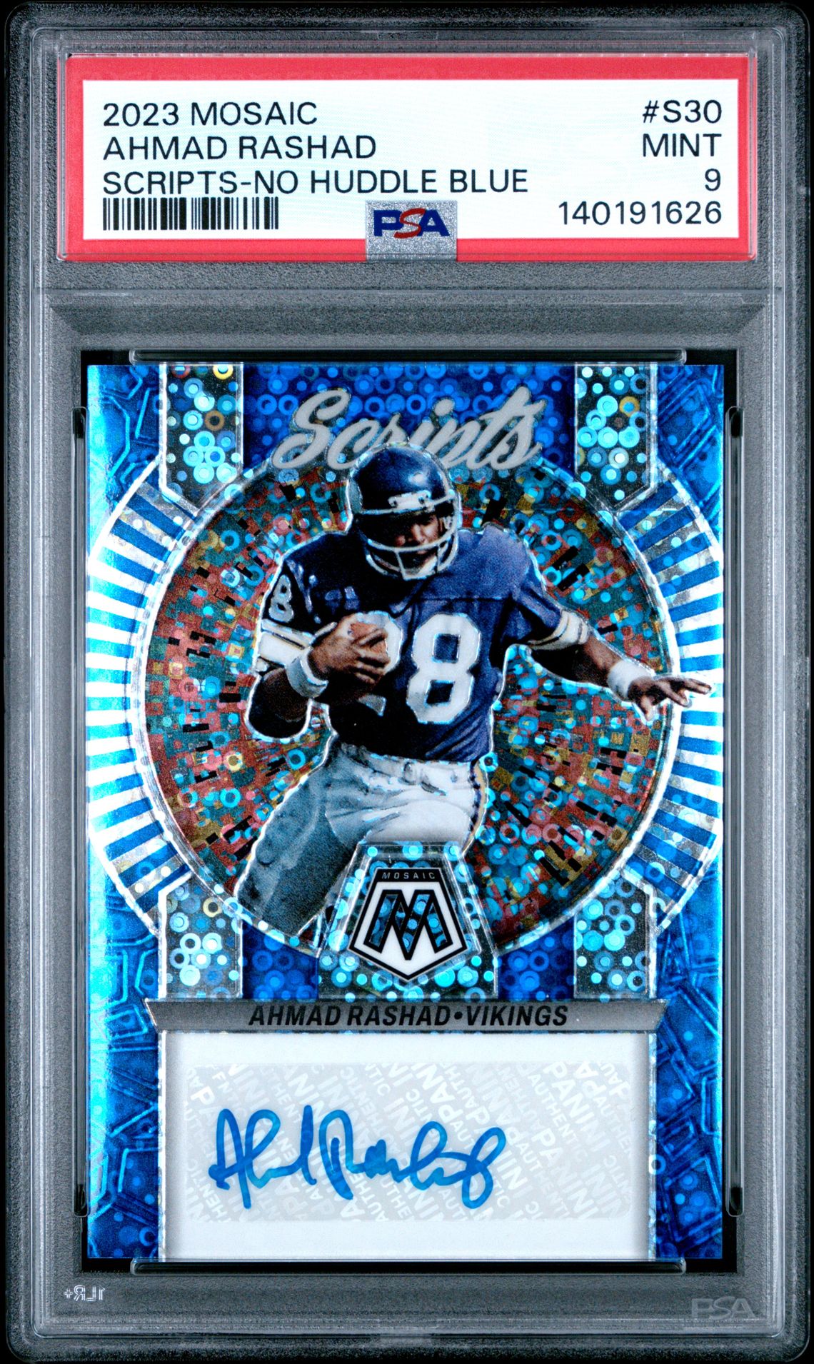 2023 Panini Mosaic Scripts Ahmad Rashad #S30 (Scripts-No Huddle Blue) Mint 9 front