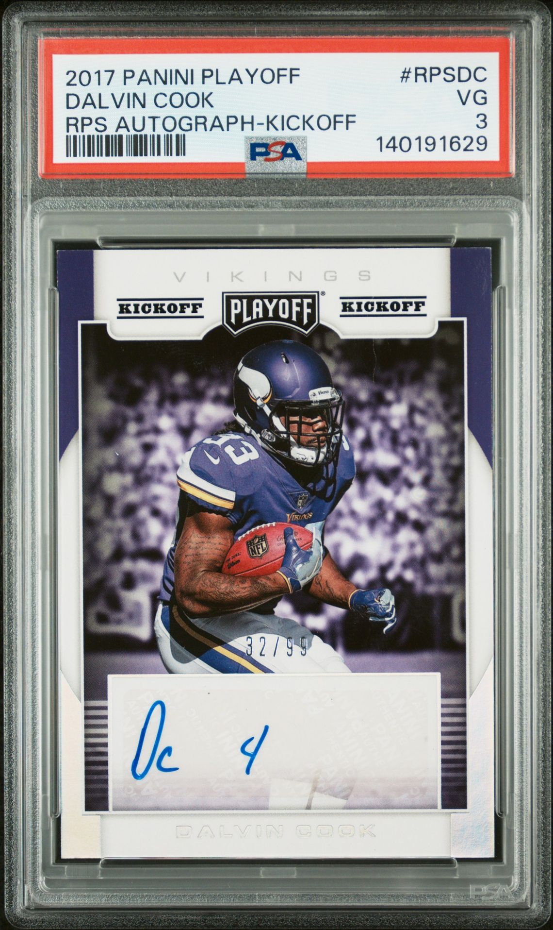 2017 Panini Playoff Rps Autograph Dalvin Cook #Rpsdc (Rps Autograph-Kickoff) Vg 3 front