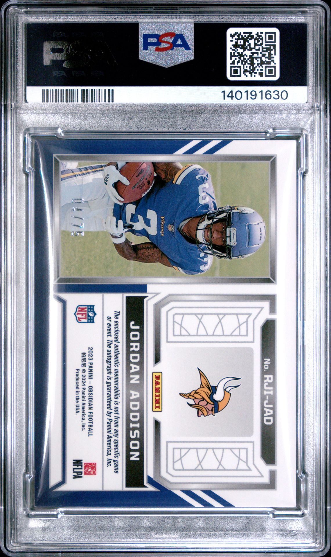 2023 Panini Obsidian Rookie Jersey Ink Jordan Addison #Rjijad (Rookie Jersey Ink-Ee Purple) Mint 9 back