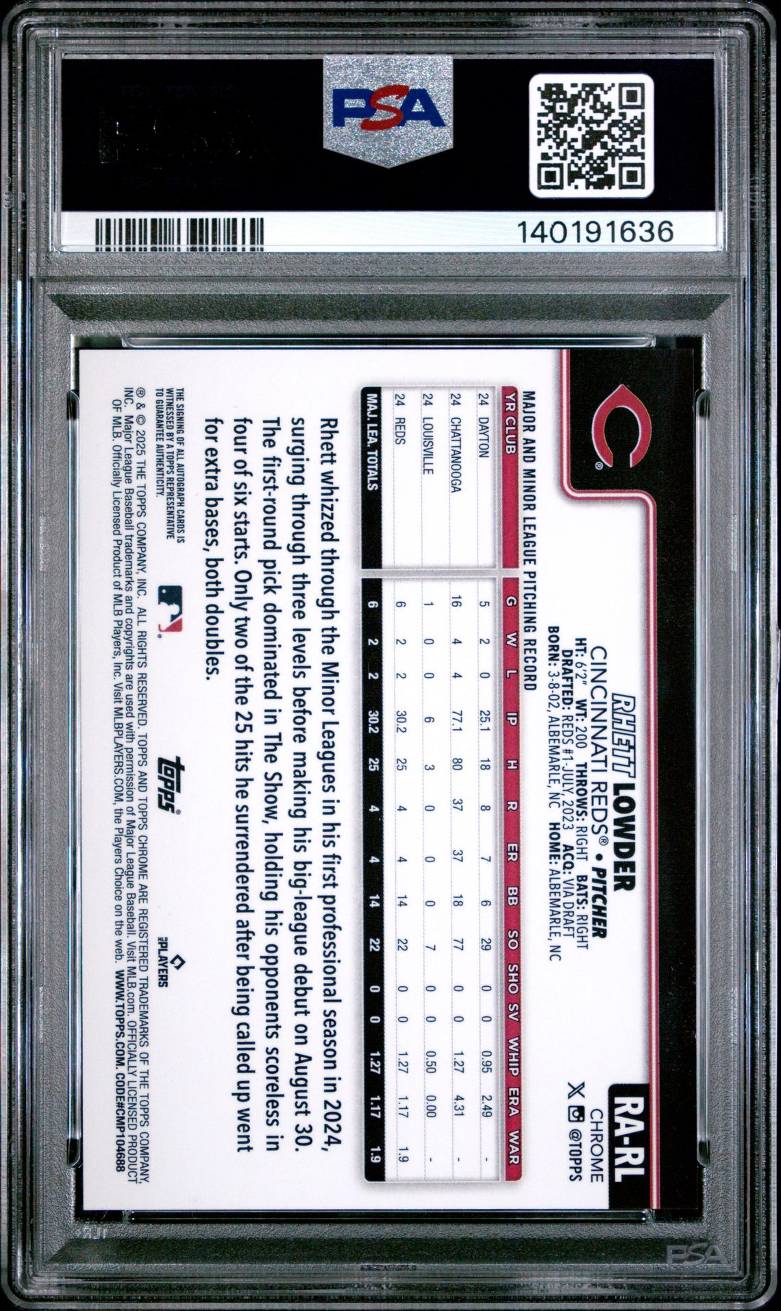 2025 Topps Chrome Rookie Autographs Rhett Lowder #Rarl (Rookie Auto-Aqua Wave) Gem Mt 10 back