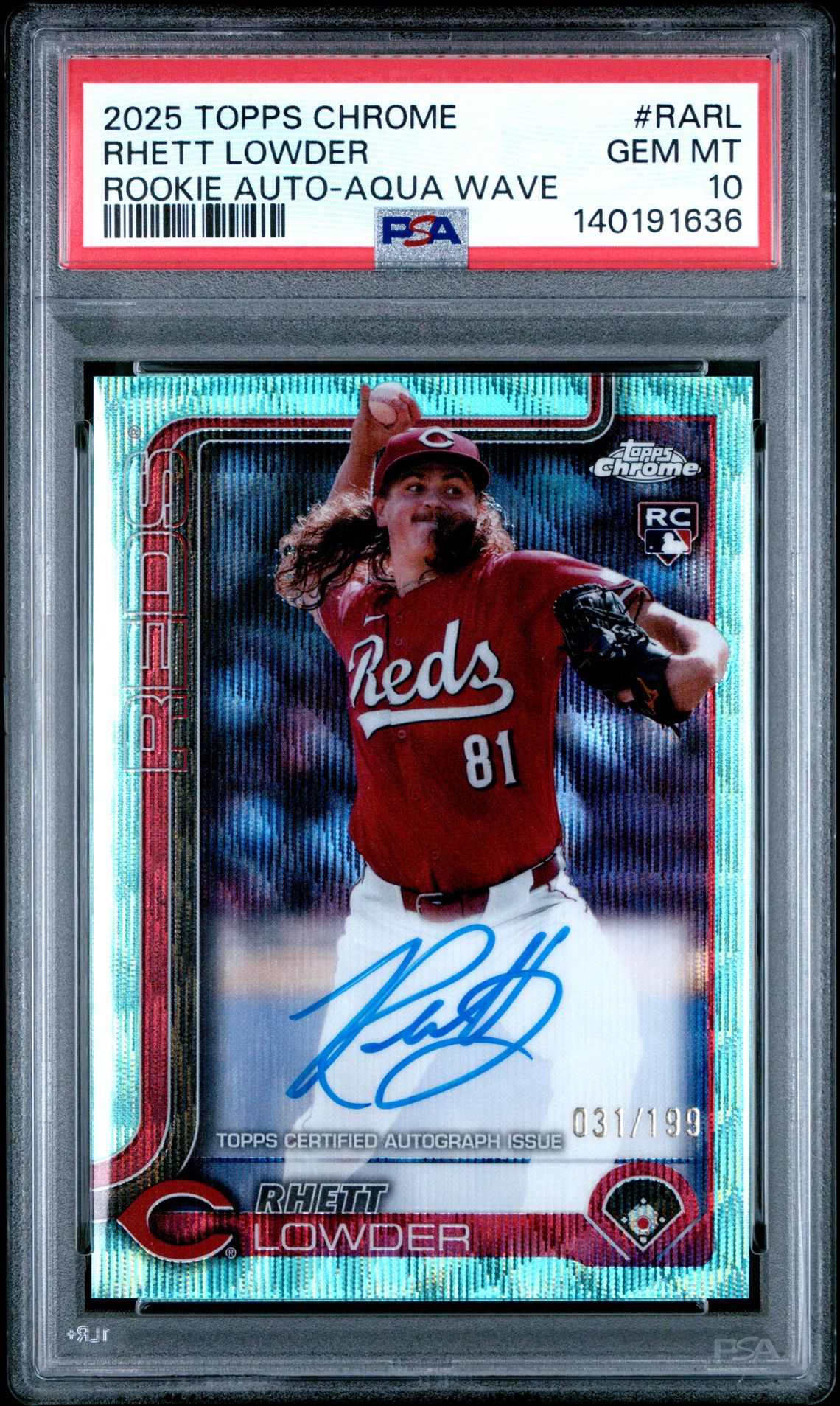 2025 Topps Chrome Rookie Autographs Rhett Lowder #Rarl (Rookie Auto-Aqua Wave) Gem Mt 10 front