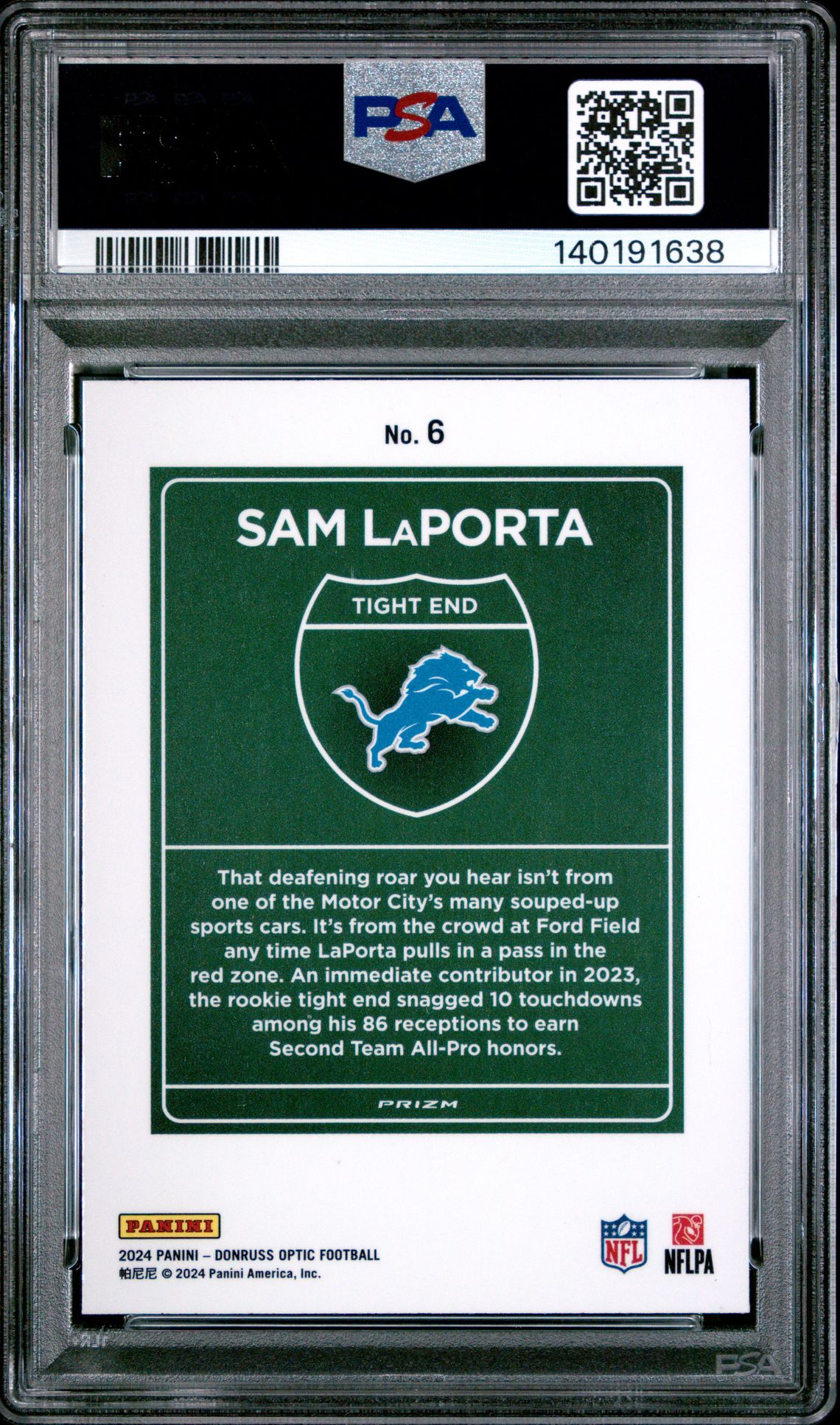 2024 Panini Donruss Optic Downtown! Sam Laporta #6 Gem Mt 10 back