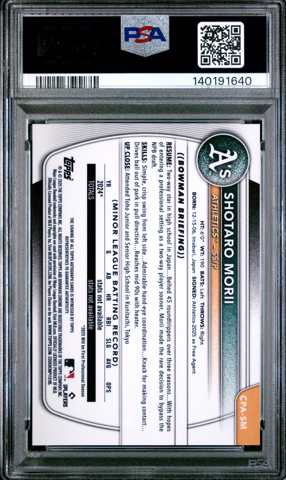 2025 Bowman Chrome Prospect Autographs Shotaro Morii #Cpasm Gem Mt 10 back