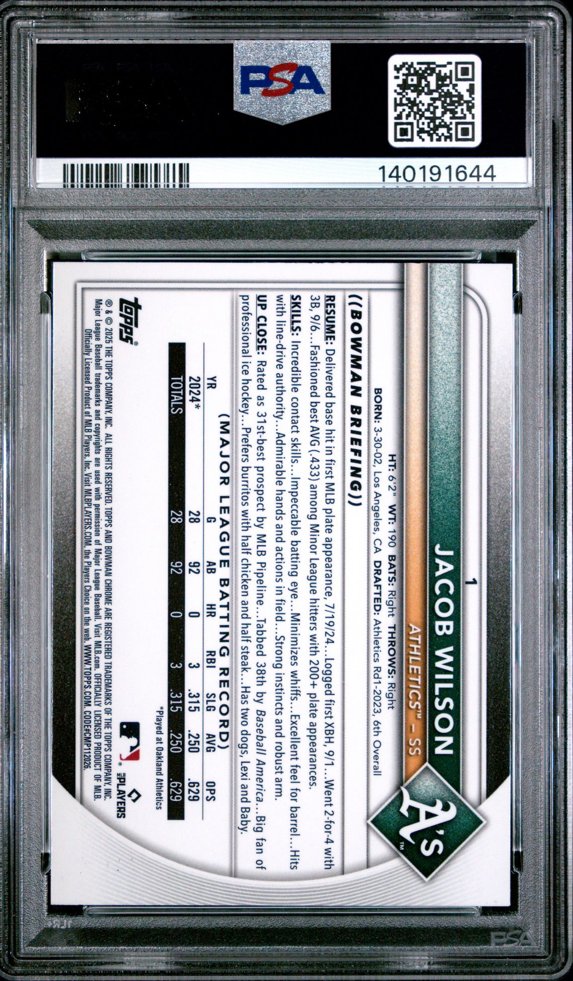 2025 Bowman Chrome Jacob Wilson #1 (Yellow Refractor) Mint 9 back