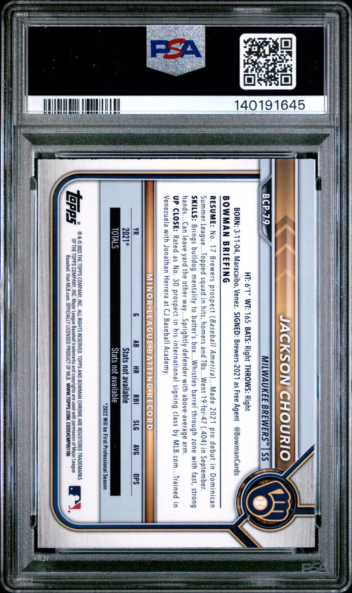 2022 Bowman Chrome Prospects Jackson Chourio #Bcp79 (Chrome Pros-Atomic Ref.) Mint 9 back