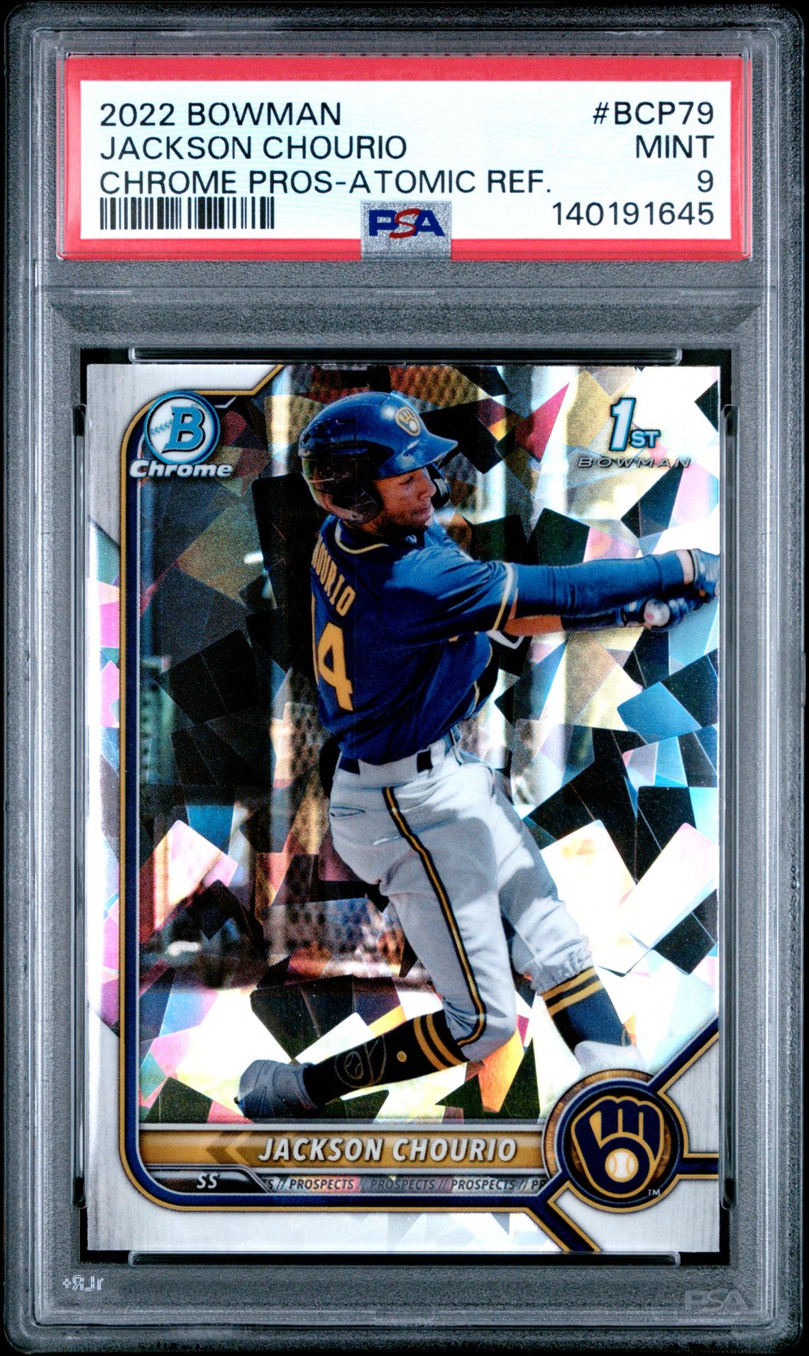 2022 Bowman Chrome Prospects Jackson Chourio #Bcp79 (Chrome Pros-Atomic Ref.) Mint 9 front