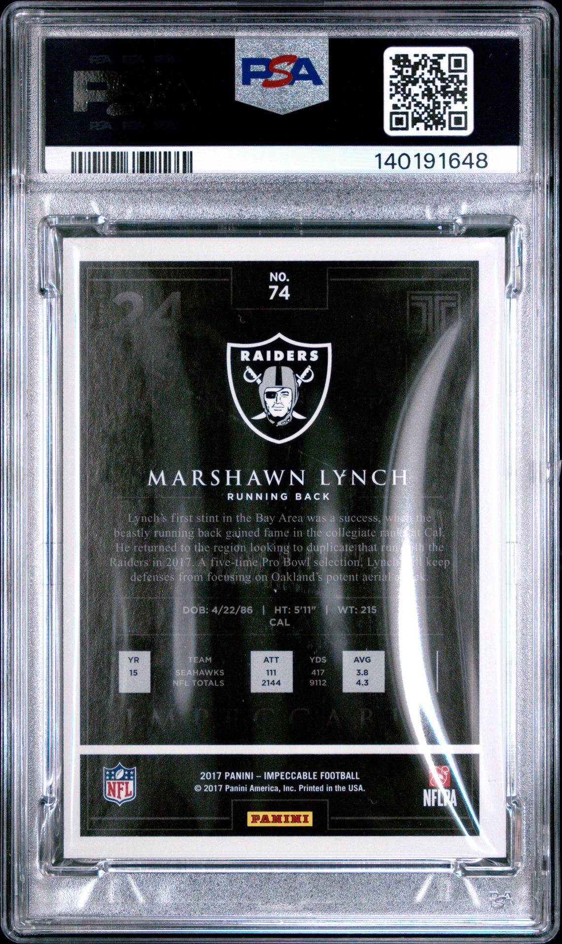 2017 Panini Impeccable Marshawn Lynch #74 (Silver) Mint 9 back