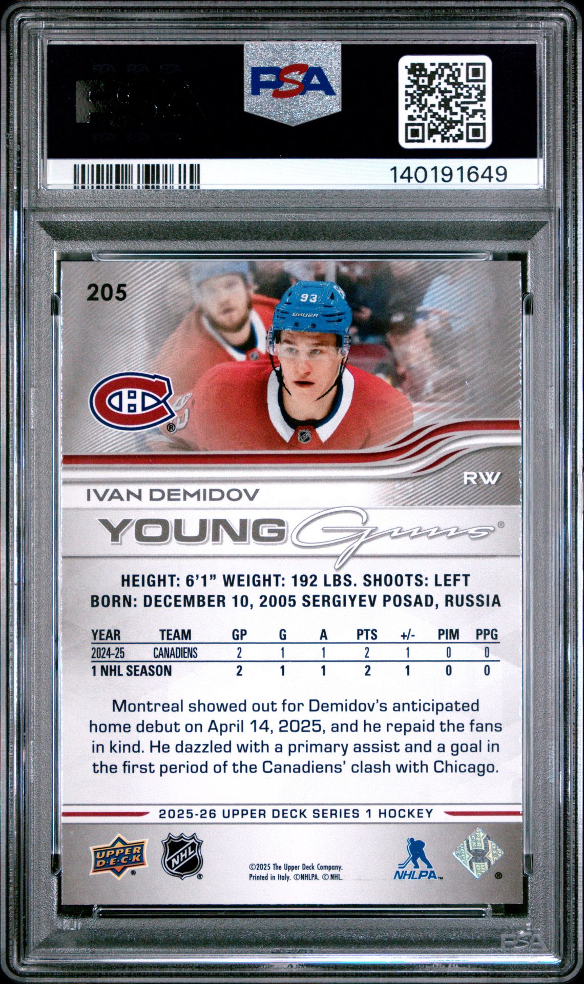 2025 Upper Deck Ivan Demidov #205 Gem Mt 10 back