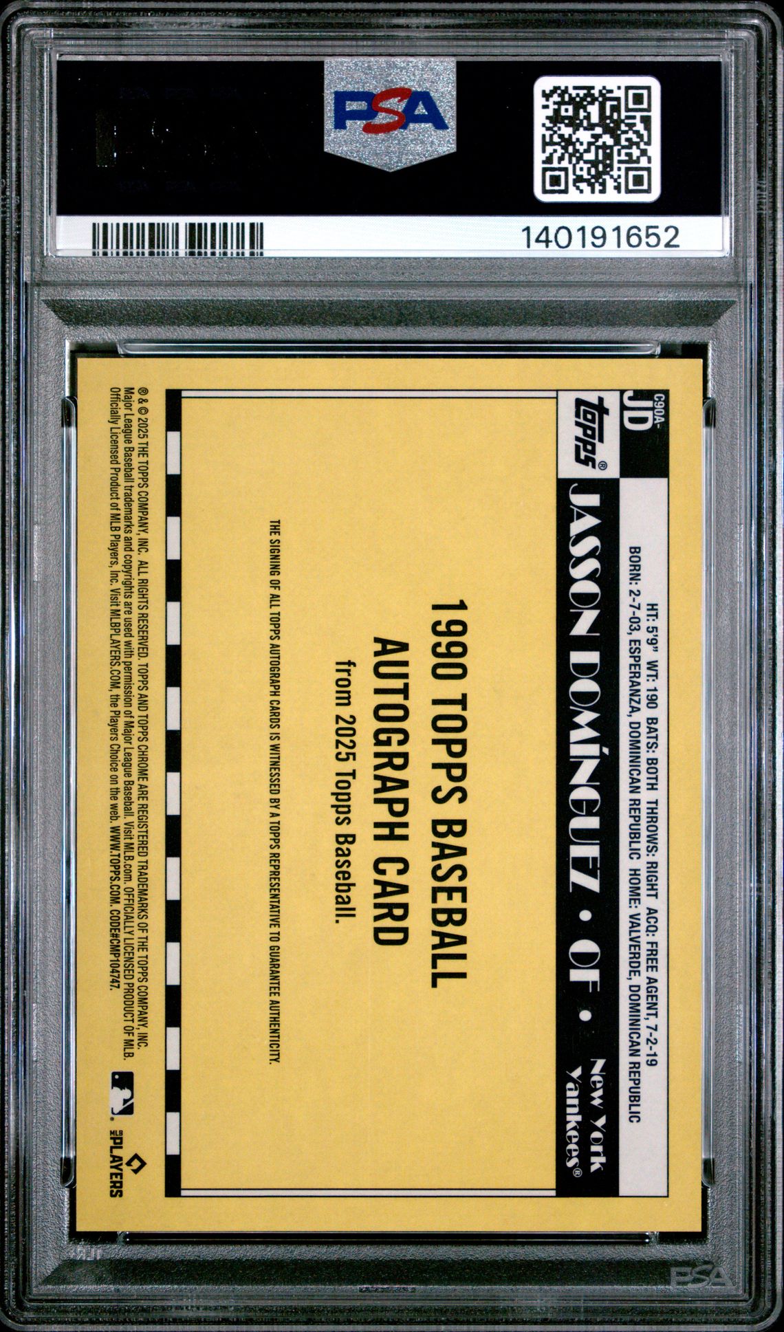 2025 Topps Chrome 1990 Topps Autographs Jasson Dominguez #C90Ajd Gem Mt 10 back