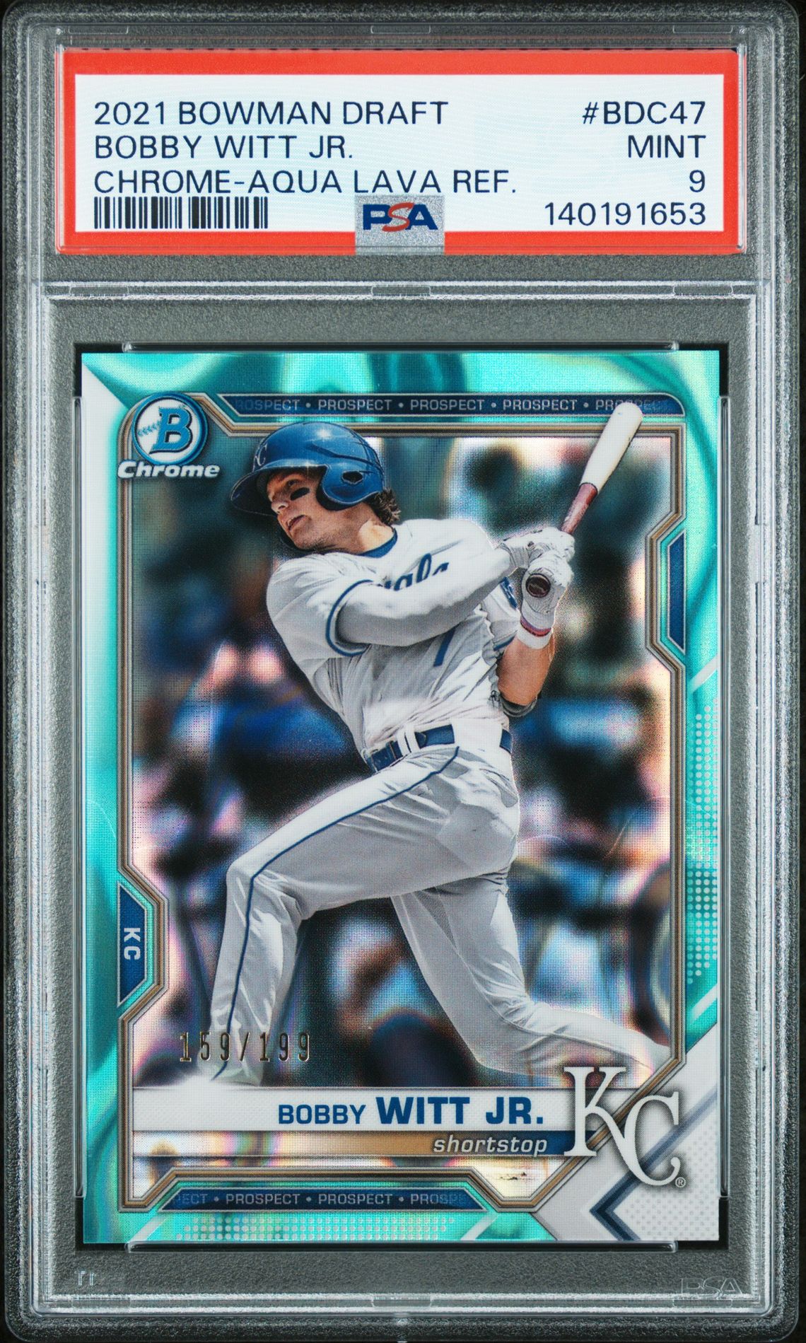 2021 Bowman Draft Bobby Witt Jr. #Bdc47 (Chrome-Aqua Lava Ref.) Mint 9 front