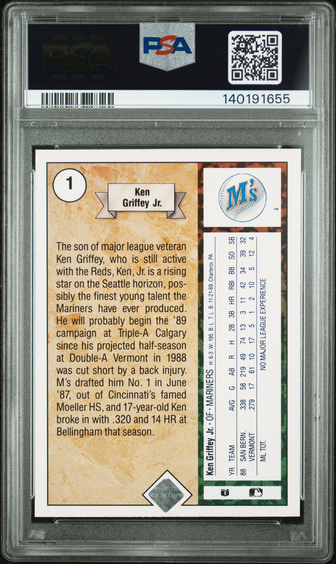 1989 Upper Deck Ken Griffey Jr. #1 (Star Rookie) Nm-Mt 8 back