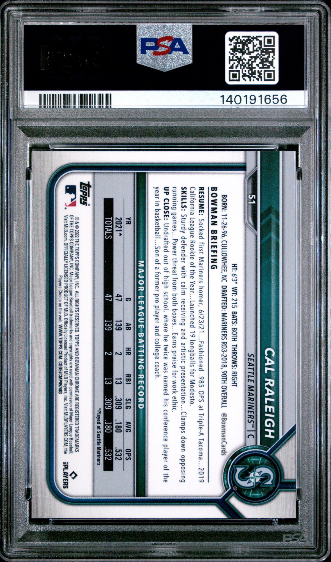 2022 Bowman Chrome Sapphire Edition Cal Raleigh #51 Gem Mt 10 back