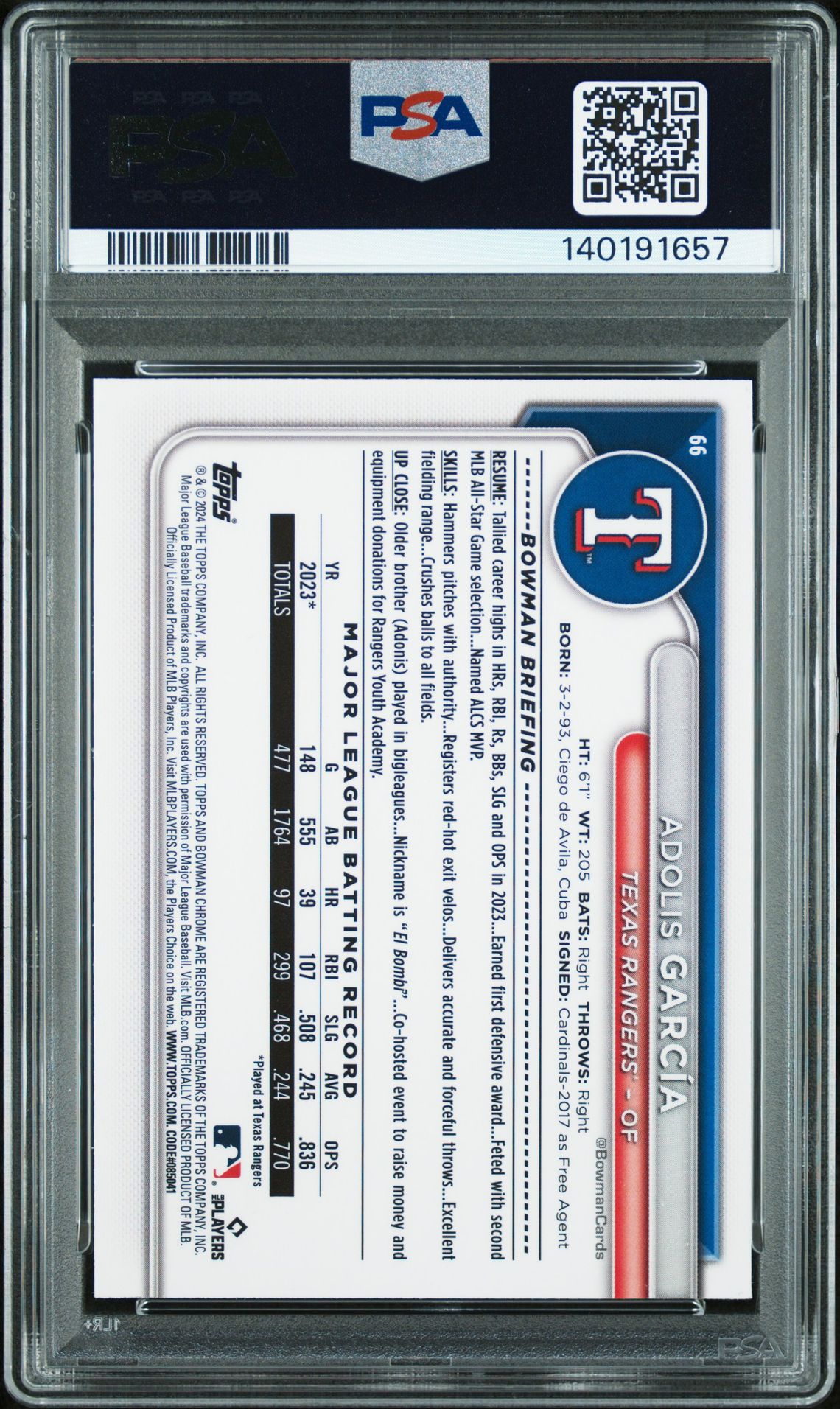 2024 Bowman Chrome Sapphire Edition Adolis Garcia #66 (Orange) Gem Mt 10 back