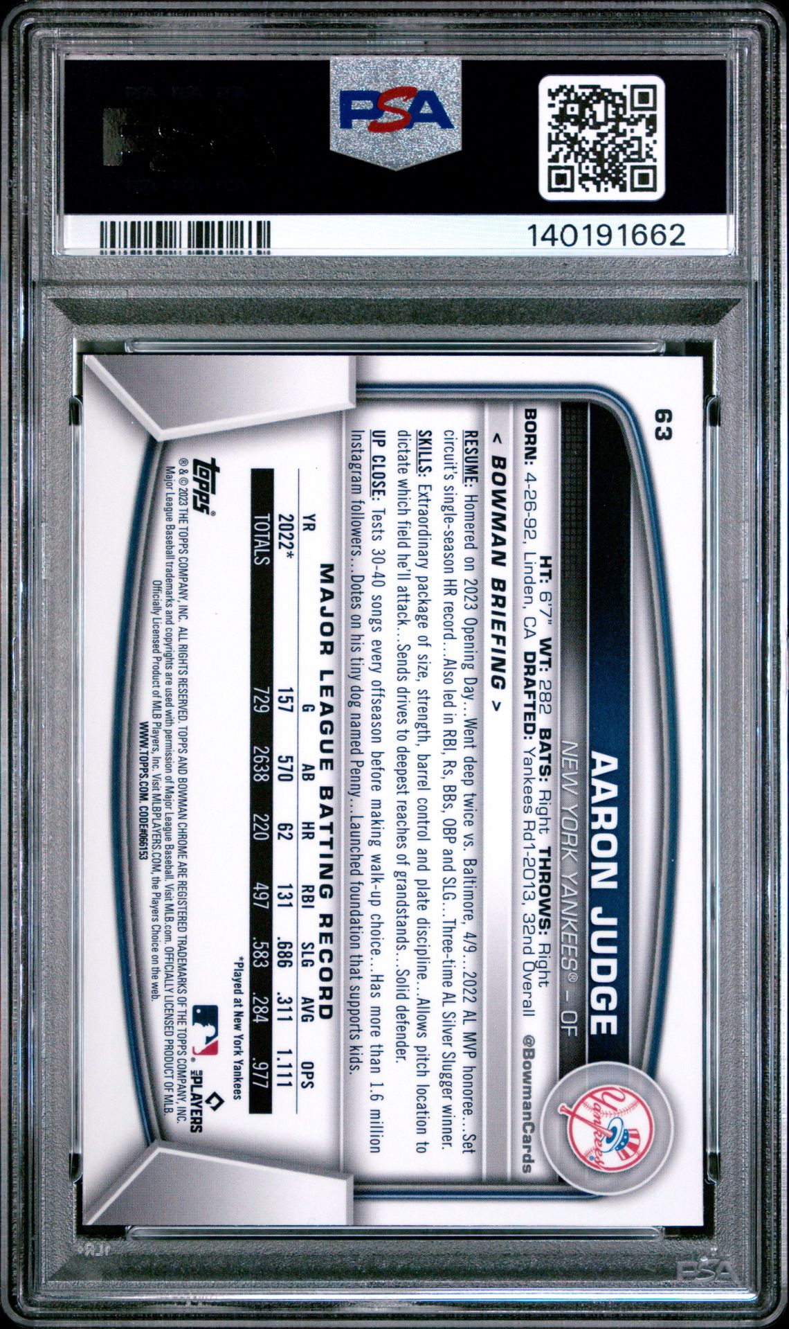 2023 Bowman Chrome Sapphire Edition Aaron Judge #63 Gem Mt 10 back