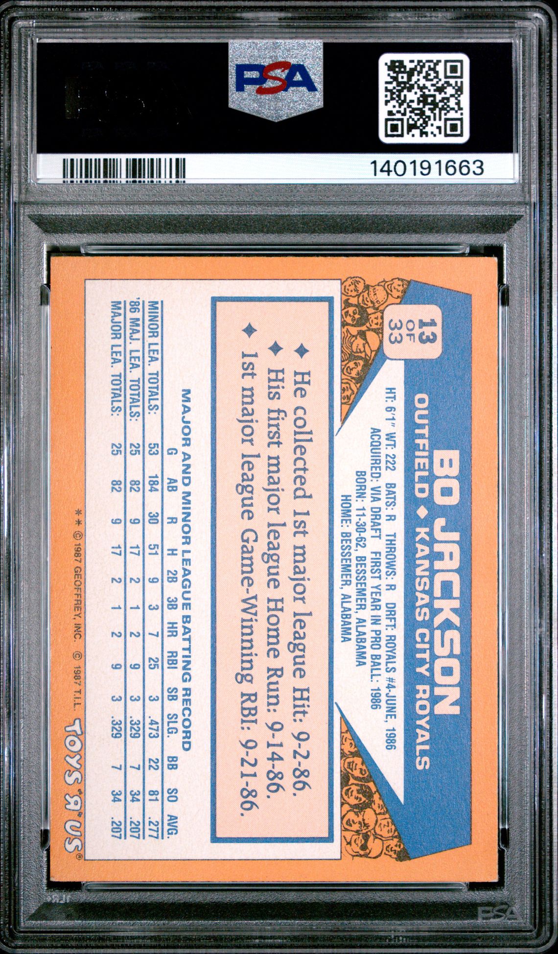 1987 Toys R Us Rookies Bo Jackson #13 Ex-Mt 6 back